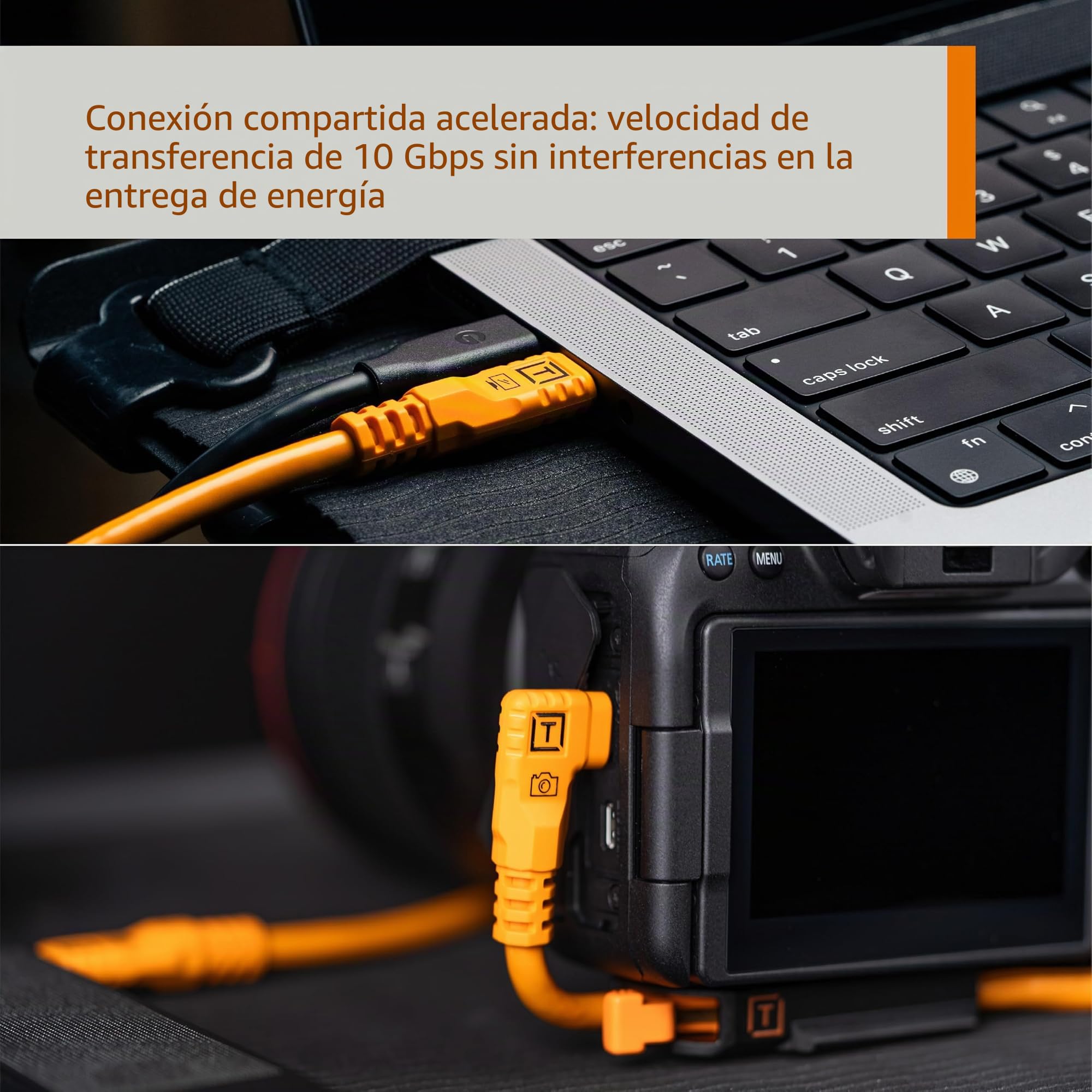 TetherPro Optima 10Gbps Gen 2 USB-C, 4,6 m, recto a derecho, naranja de alta visibilidad | Cable activo USB-C 3.2 Gen 2 solo de datos, naranja, sin Pd, 1 año de garantía