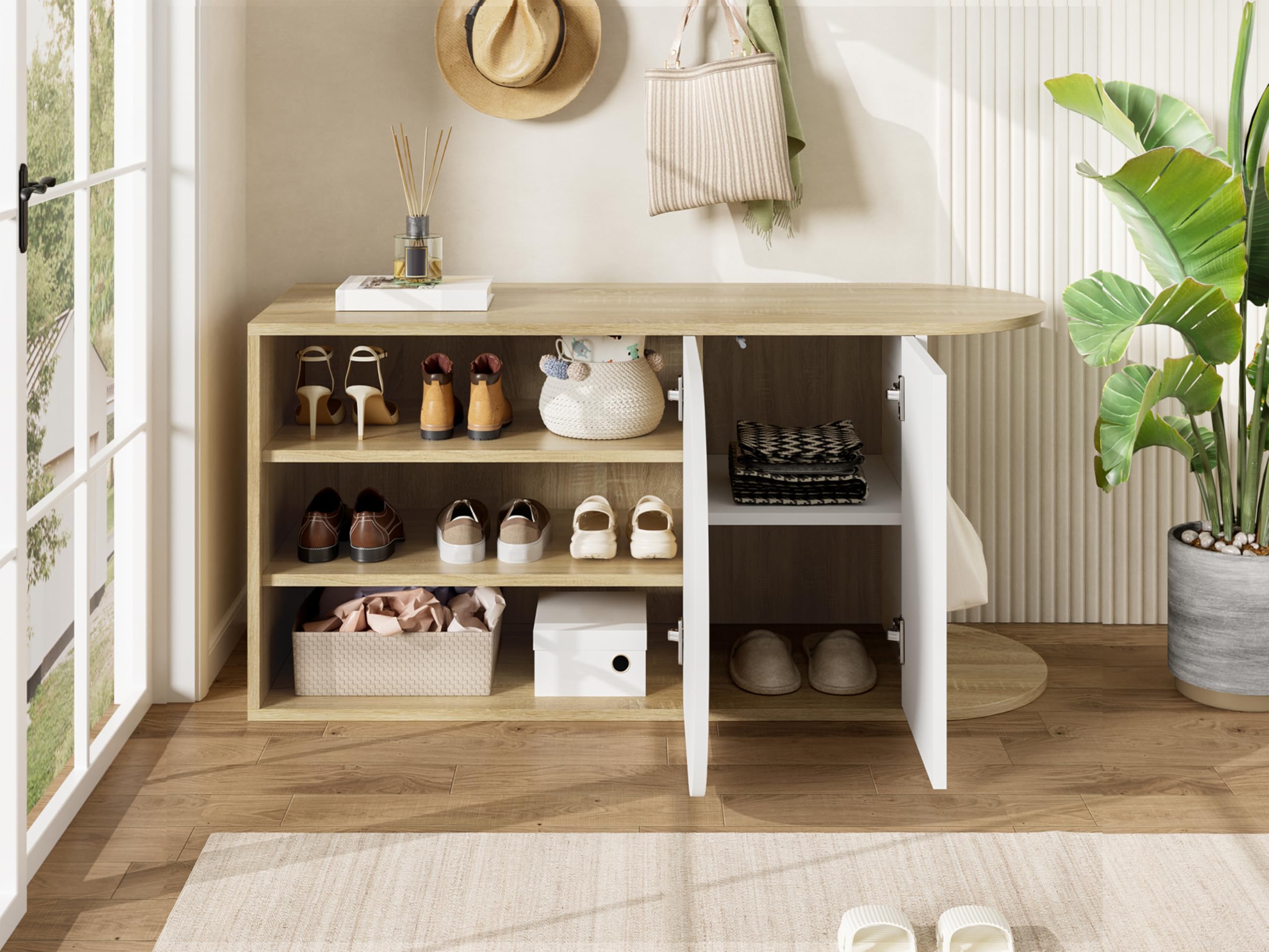 ModernLuxe Meuble à Chaussures avec Banc 2 Portes, Rangement, Blanc et Bois
