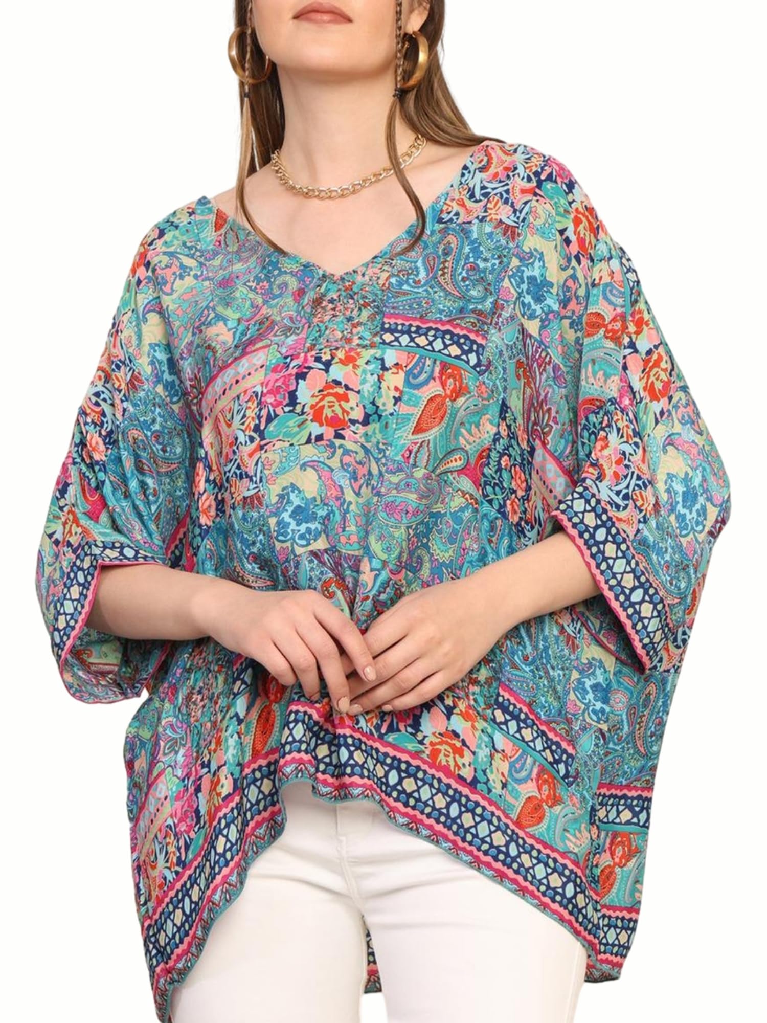 KE KANHA EXPORTS Over Size top|Tops for Woman|Boho Vibe Beach wear|Soft Silky Feel Border Print|V-Neck Half Sleeve Loose Fit|Multicolor|Easily fits M toXXL|Bust 32-40in Length 28in|Pack of 1-image-18