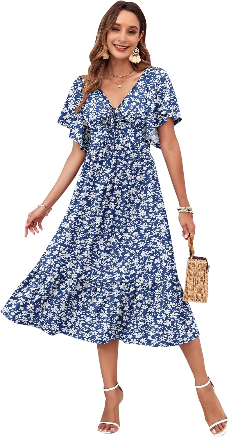 AUSELILY Women's Summer Empire Waist Dress Casual V Neck Short Flutter Sleeve Midi Dresses 2026