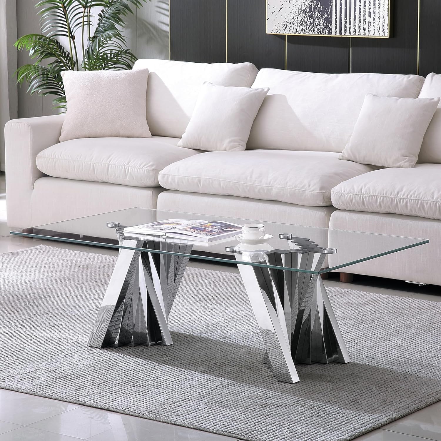 51 inch Rectangle Cocktail Table with Silver Stainless Steel Pedestal, Rectangular Tempered Glass Coffee Table, Mid Century Modern Coffee Tables, Luxury Sofa Center Tables Living Room Table