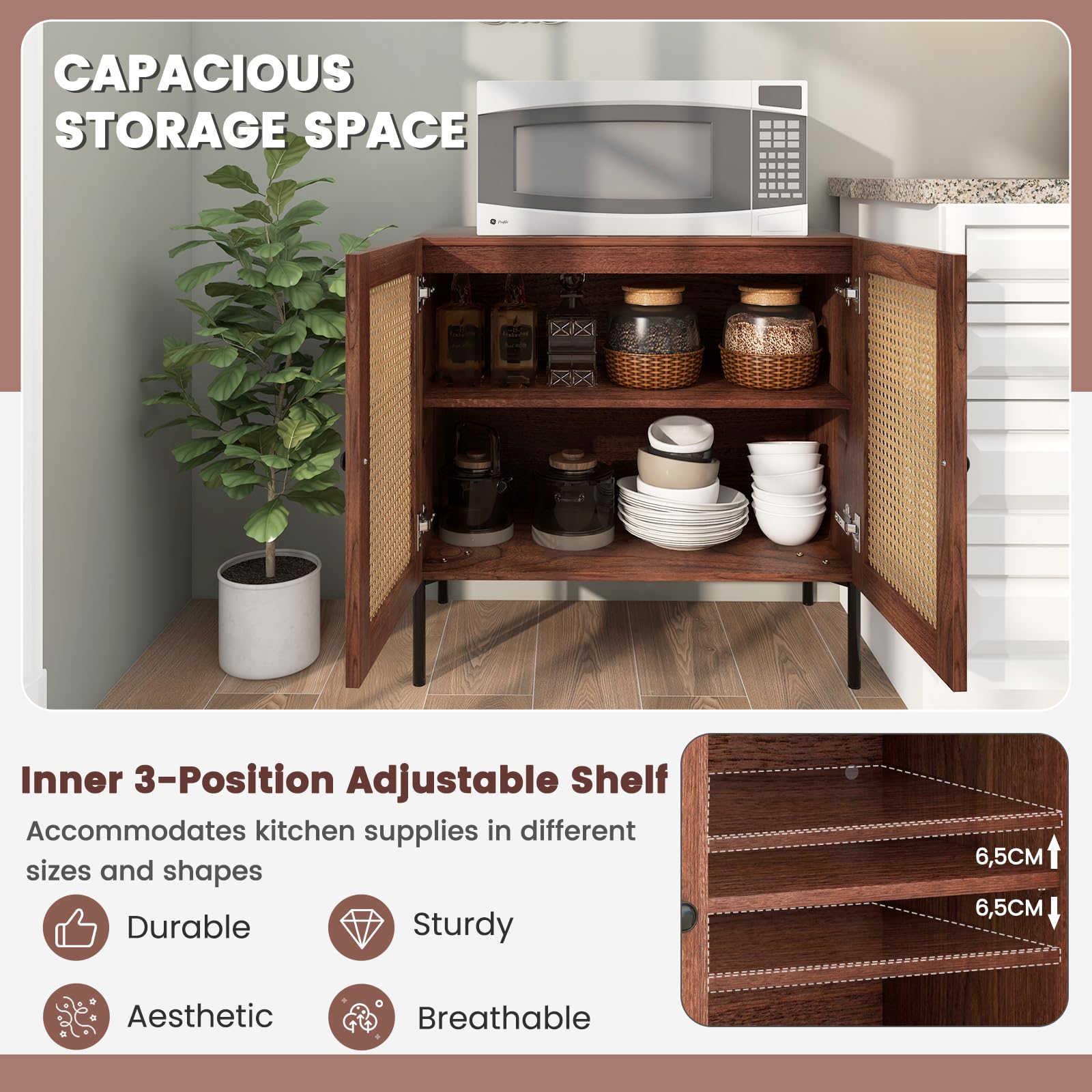 Buffet Bas Avec Portes En Rotin KOMFOTTEU - 75x30x80 Cm, 3 étagères + 1 Tiroir, Couleur Naturel