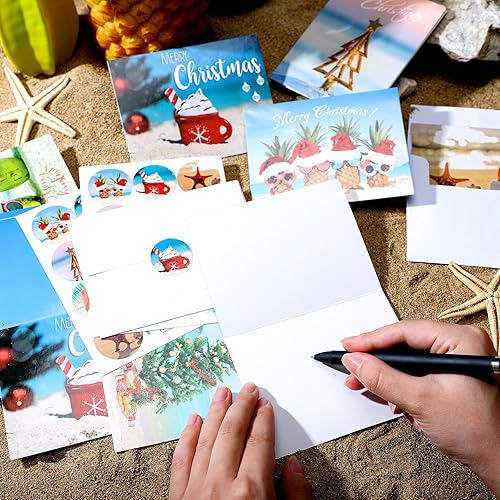 Miniatura 3 de Ctosree 60 juegos de tarjetas de Navidad de playa, surtido a granel, tarjetas de felicitación estilo playa con sobres y calcomanías para suministros