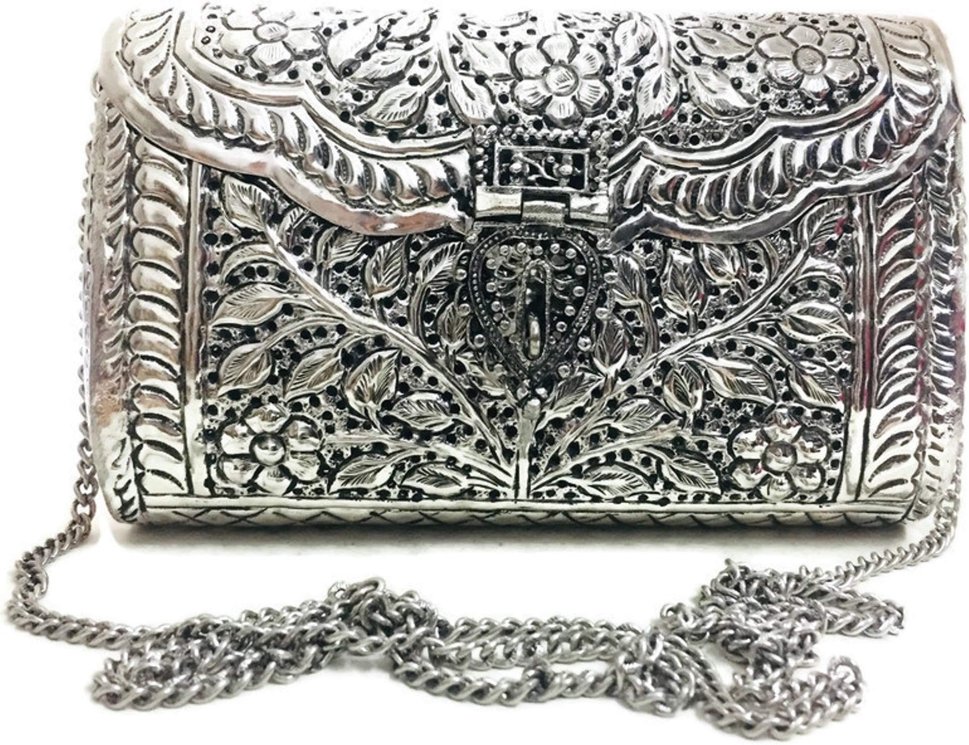 Women gift Silver Brass Metal bag Bridal Clutch Girls Party Purse