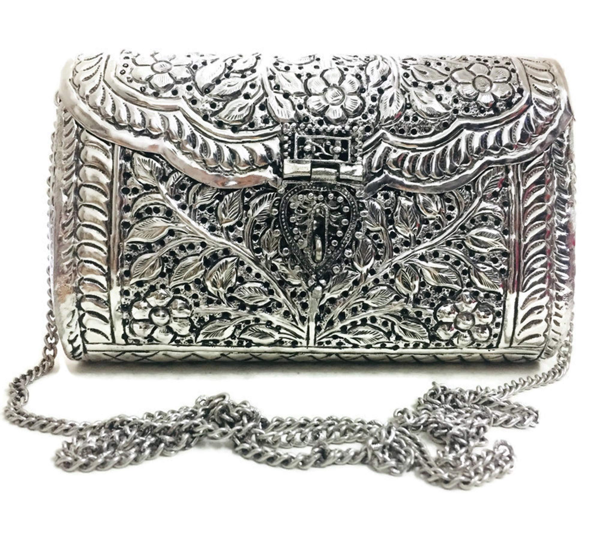 Women gift Silver Brass Metal bag Bridal Clutch Girls Party Purse