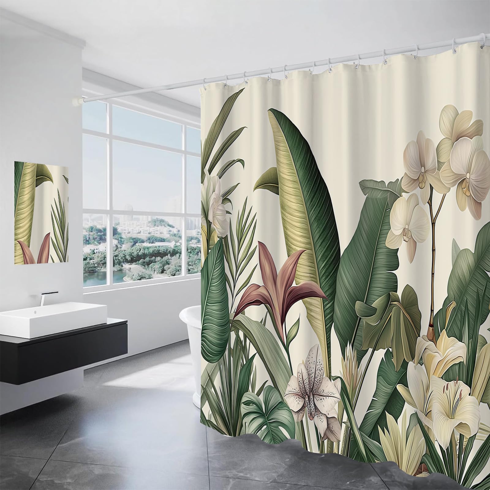 Rideau de douche 180x180 cm anti-moisissure en tissu avec anneaux motif monstera