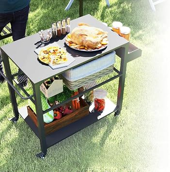 Heavy Duty Grill Cart with Wheels, 3-Tier Rolling BBQ Table for Outdoor Cooking,