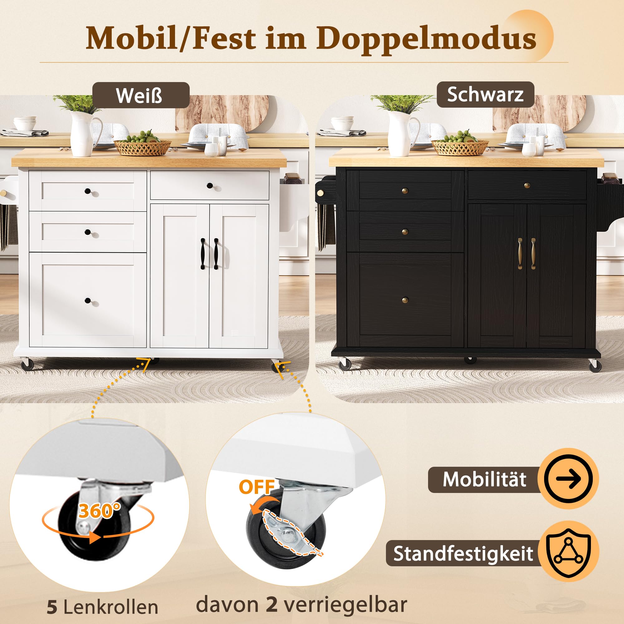 Isola da cucina mobile, carrello da cucina, tavolo da pranzo estensibile, armadio da cucina con ruote, cassetti multifunzione, per cucina, sala da pranzo, 107 x 45 x 90,5 cm (bianco)