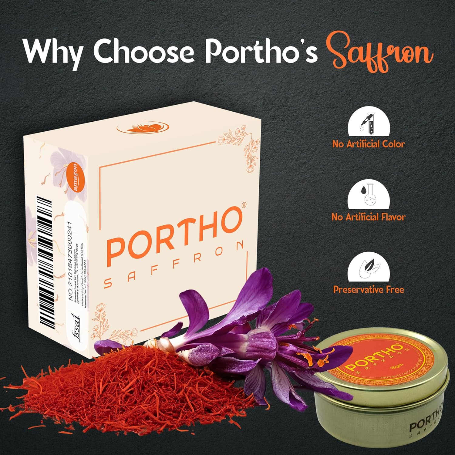 PORTHO Kashmiri Saffron – 15g Super Negin Grade Saffron Threads | Premium Kesar Spice for Paella, Biryani, Desserts, Golden Milk, Tea & All Culinary Uses