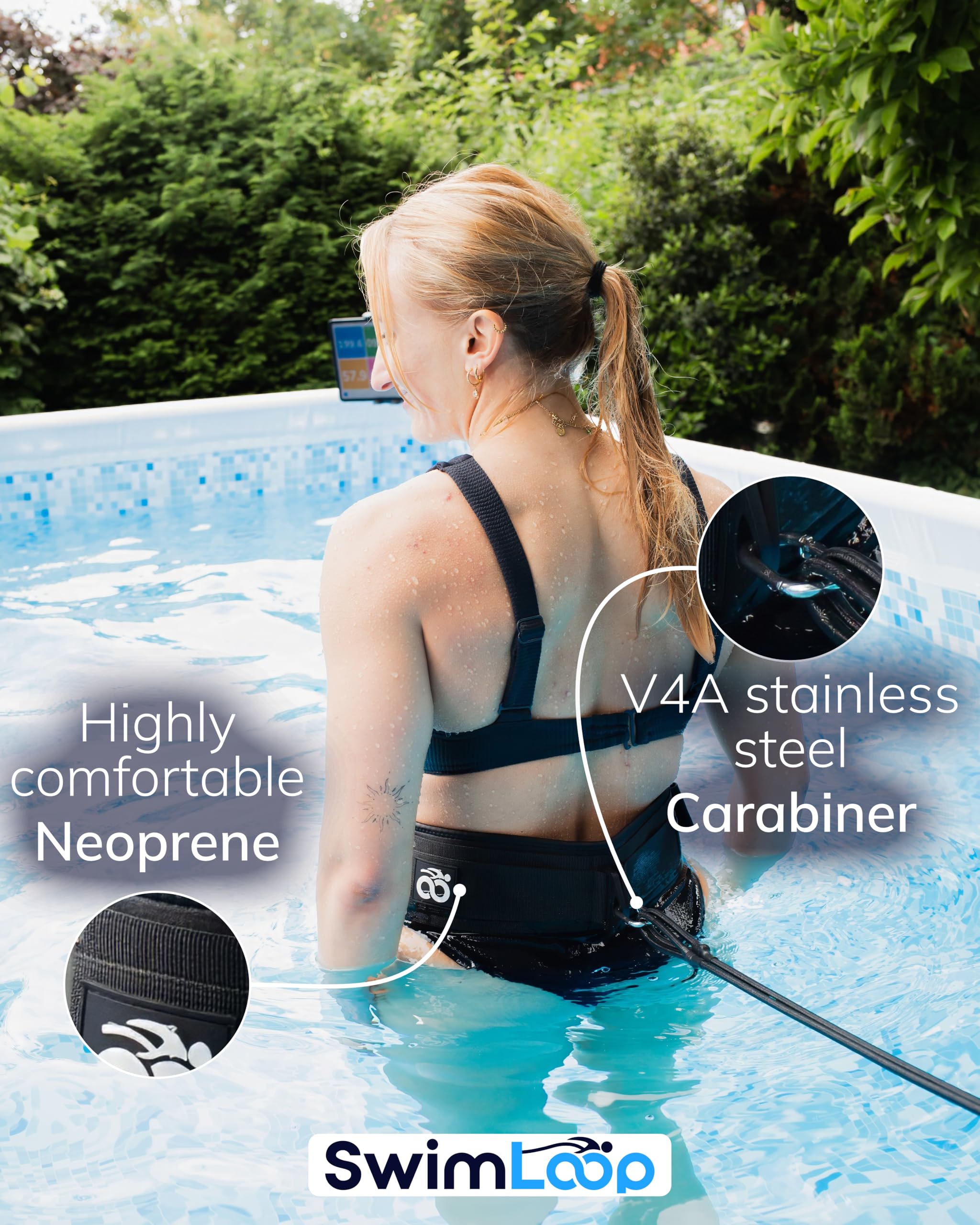 Cintura da nuoto premium con 2 x 2 m di fasce elastiche – Corda di trazione per piscina – Cintura addominale con fascia da nuoto per allenamento resistenza come una corrente controcorrente.
