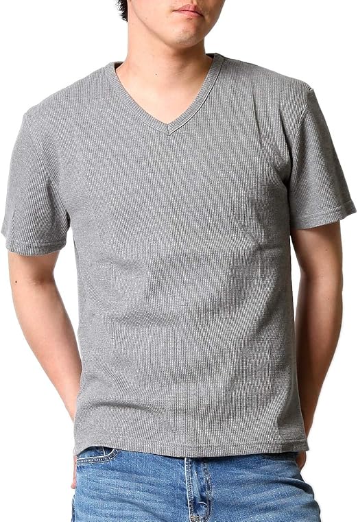 Amazon サーマル Vネック 半袖 Tシャツ メンズ ワッフル カットソー トップス 17 M Gray Tシャツ カットソー 通販
