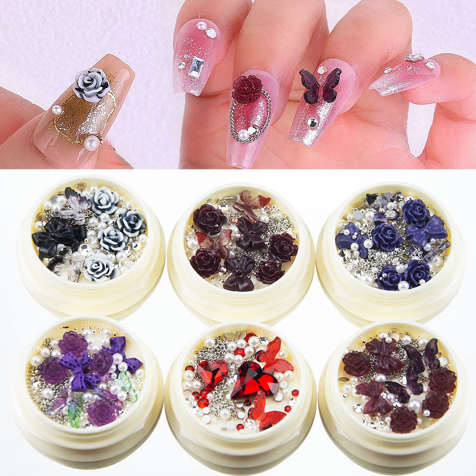 6 Boxes Color 3D Flower Butterfly Bowknots Nail Charms Mix Rose Butterfly Heart Rhinestones Nail Art Charms Mix Pearls Silver Chain for Nail Art Designs DIY Accessories Craft