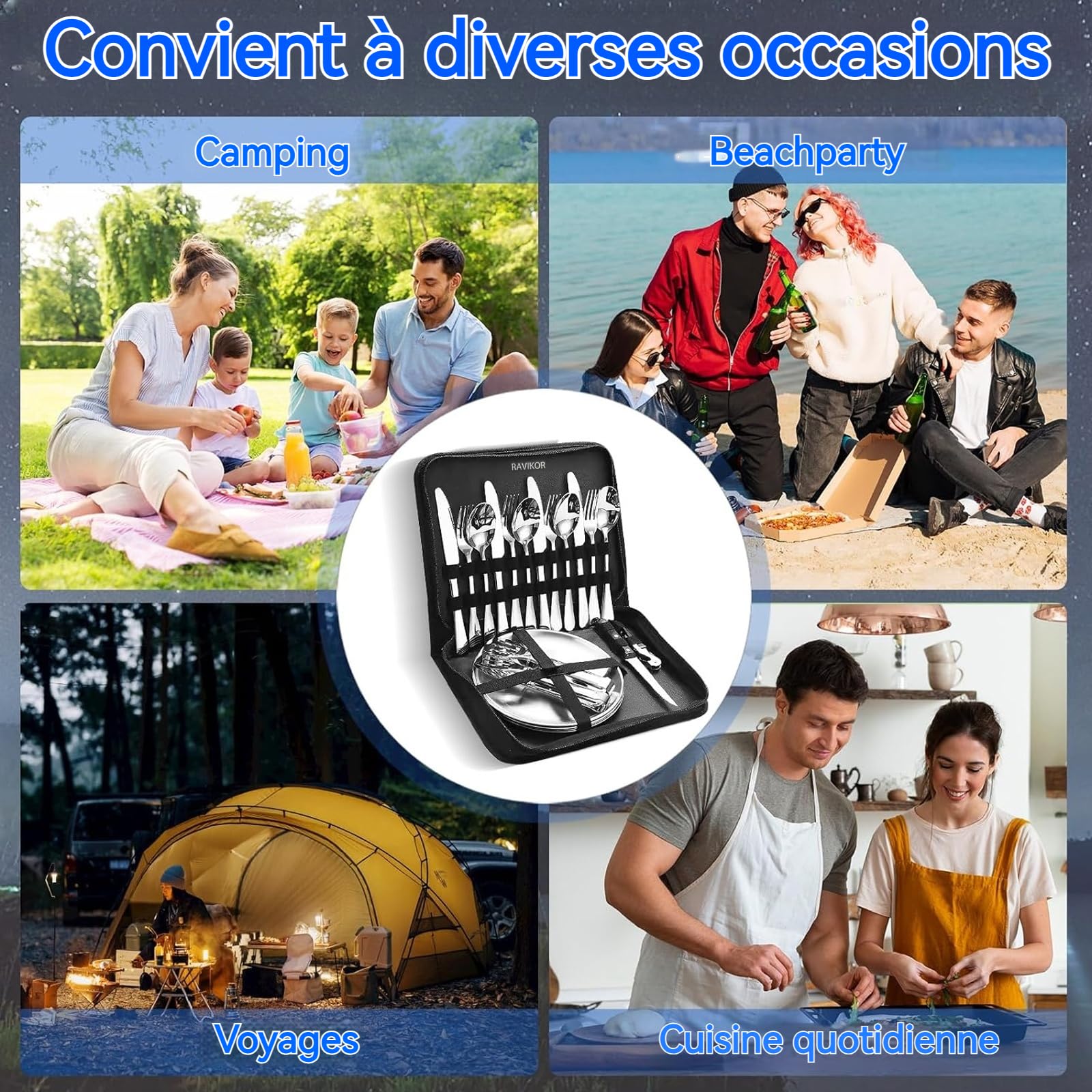 Set de couverts de camping 20PCS pour Étui de rangement avec fermeture éclair air acier inoxydable alimentaire Couverts portables