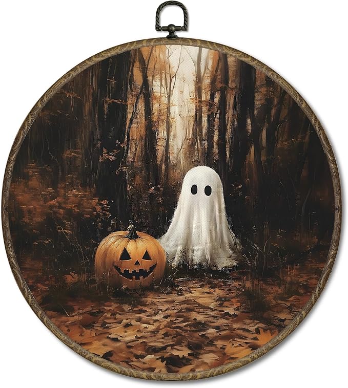 OINDADE Fall Ghost Halloween Round Wall Art Decor, Vintage Dark Cottagecore Ghost Wall Art Hanging Decor, Fall Halloween WallArt, Rustic Pumpkin Framed Canvas Artwork for Home Living Room, 10x10in