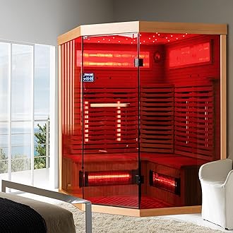 3-4 Person Corner Infrared Sauna- Luxury Home Sauna Spa Room with Himalayan Salt Therapy, Canadian Hemlock&Panoramic Tempered Glass,220V