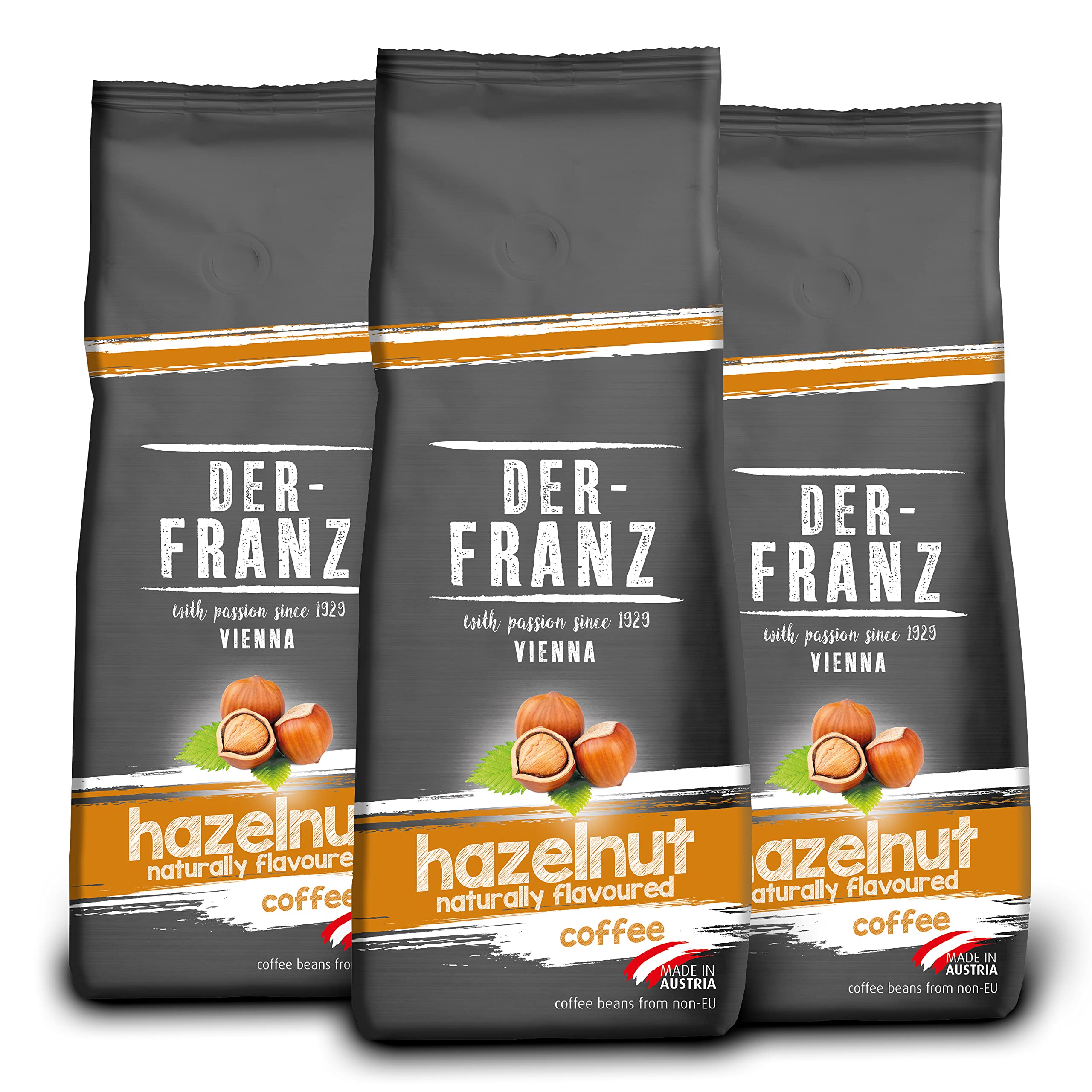 Der-Franz Kaffee, Mischung aus Arabica und Robusta, geröstet, ganze Bohne aromatisiert mit natürlicher Haselnuss UTZ, 3 x 500 g