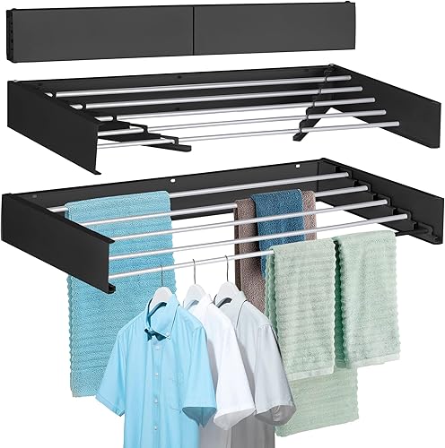 FOCHIER F Estante de secado de ropa para colgar en la pared, plegable, 39 pulgadas de ancho con 16.5 pies lineales y 5 varillas de aluminio,