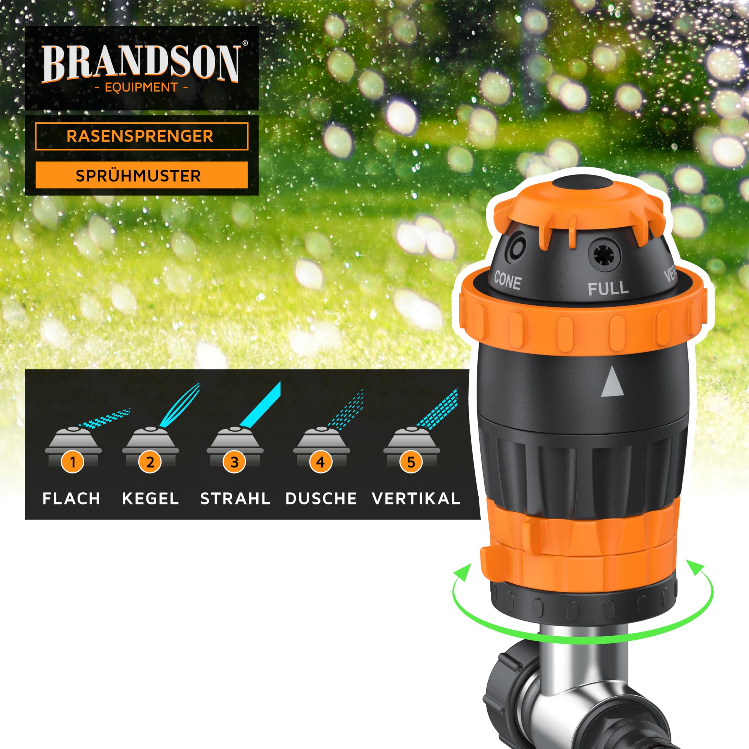 Brandson – Rasensprenger Rasensprinkler 360 Grad – fünf Sprühmuster – große Flächen – Gartensprenger 3/4 Zoll– einstellbare Sprühbreit – Edelstahl Erdspieß – einstellbare Sprühweite – Schmutzfilter