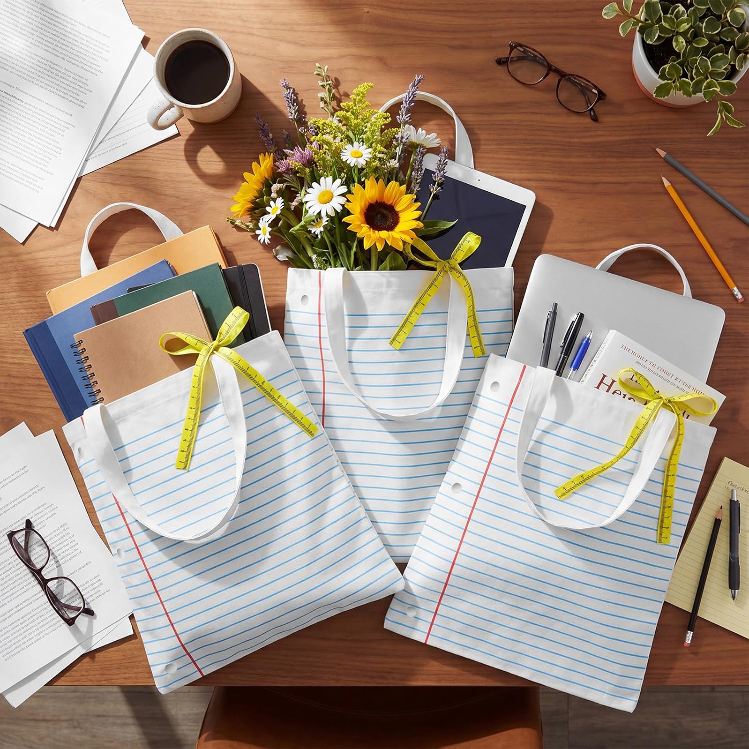 12 Pack Teacher Appreciation Gifts Bulk for Women- Notebook Design Canvas Tote Bags, Reusable Thank You Teacher Gift Bags with Ruler Ribbon for DIY Craft School Counselor Office Supplies