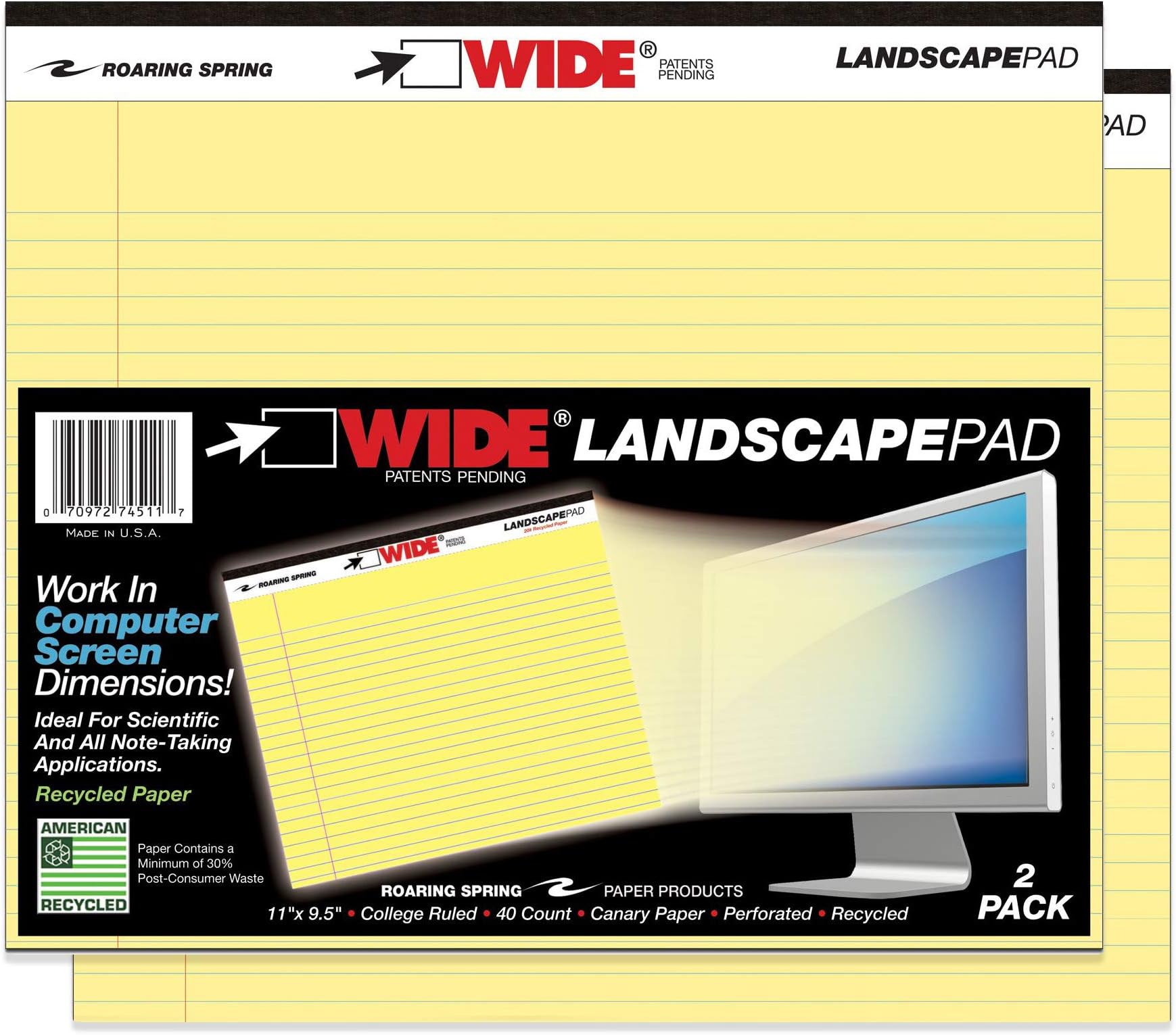 ROARING SPRINGWIDE Landscape Pad, 11" x 9.5", 40 Lined sheets, Canary, 2/pack
