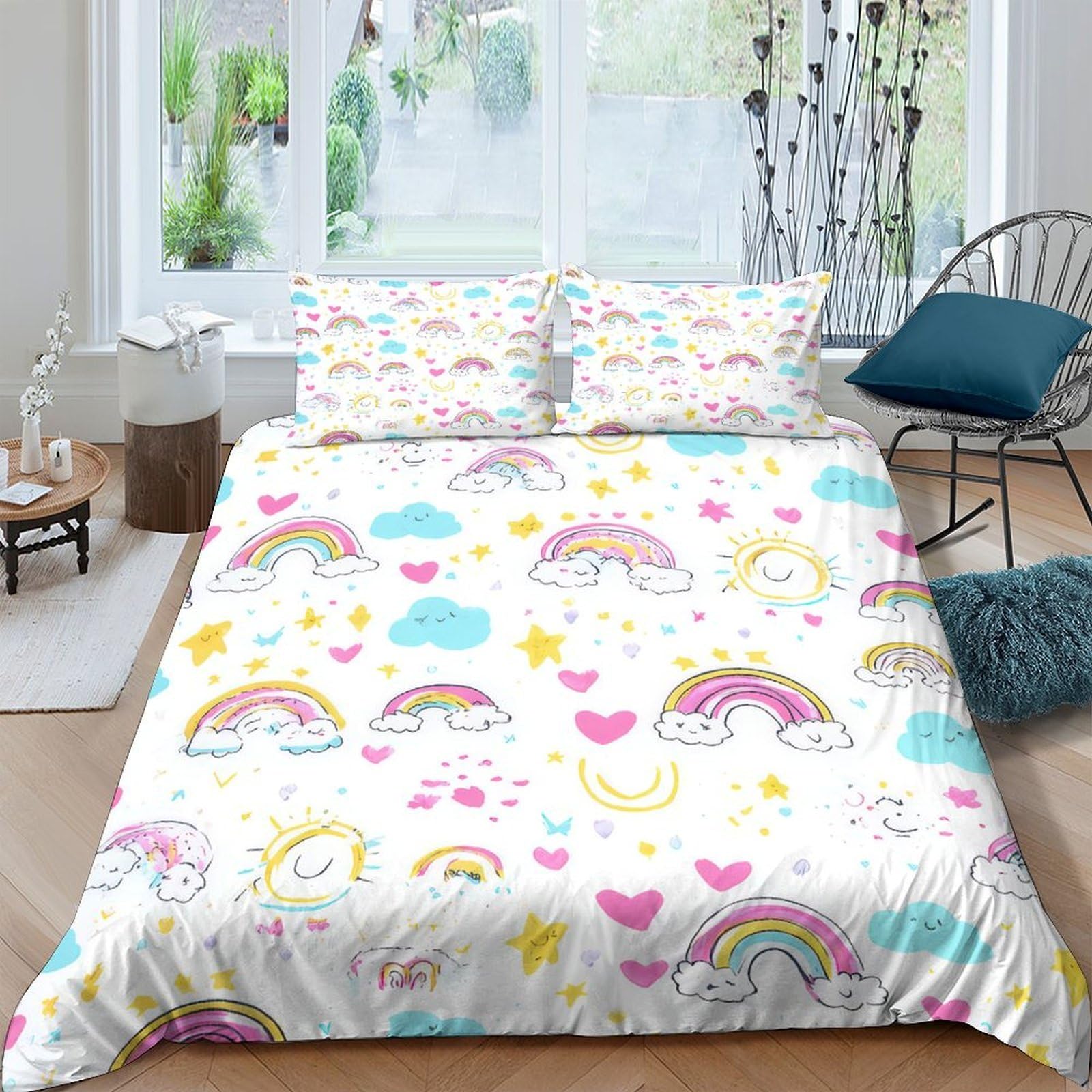 Ctjqhvkz Style-6 3D Printed Rainbow Unicorn Fitted Sheet Microfiber Soft Heart Cloud Mattress Cover For Bedroom Dorm Decor, Machine Washable Single（135X200cm）