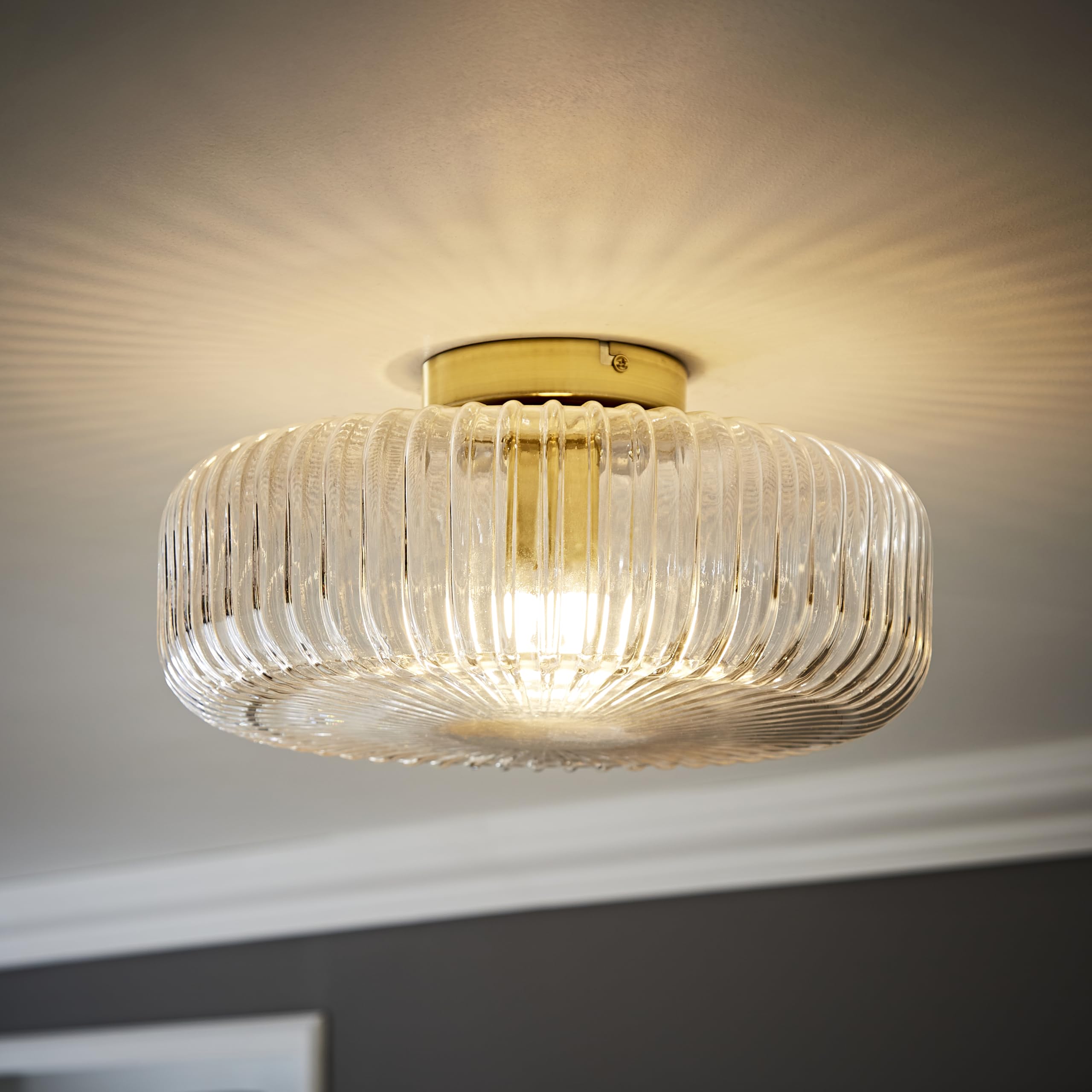 ValueLights | Calpe Antique Brass Large Clear Ribbed Glass Shallow Flush Ceiling Light with Bulb | Ceiling Lights, Home Décor & Improvement Essential | Mains Wired