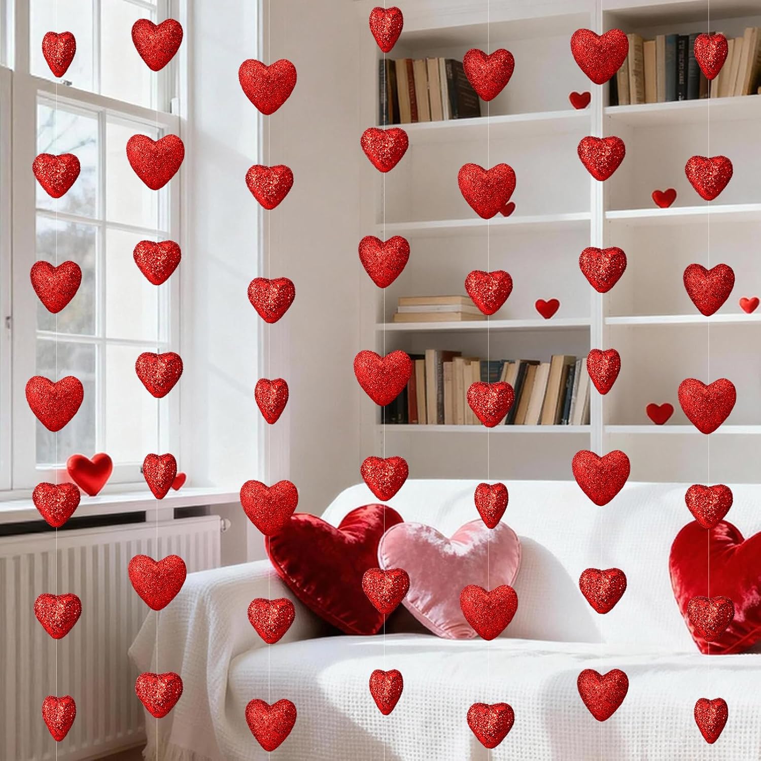 12 Pcs 78.74 ft Valentine's Day Red Heart Garland 3D Foam Glitter Heart Hanging String Garland Romantic Valentine Decoration Banner Backdrop for Wedding Anniversary Birthday Party Supplies