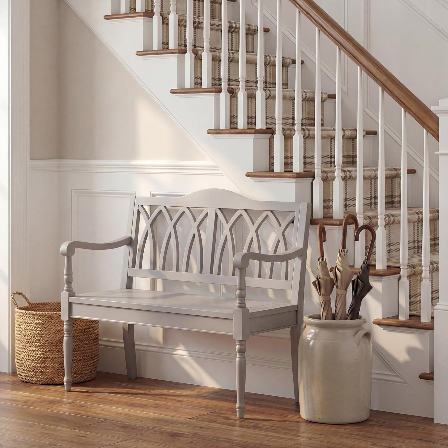 SAFAVIEH Furniture - Benjamin Bench - Quartz Grey - Solid Wood - Farmhouse High-Back Design - Ideal for Entryway, Living Room, Dining Room, 17.1" Seat Height (AMH6500C)