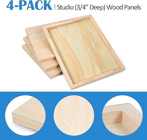 Miniatura 34 de Falling in Art Kit de paneles de lienzo de madera de abedul sin terminar, paquete de 4 tablas de cuna de estudio de 8 x 8 pulgadas de profundidad