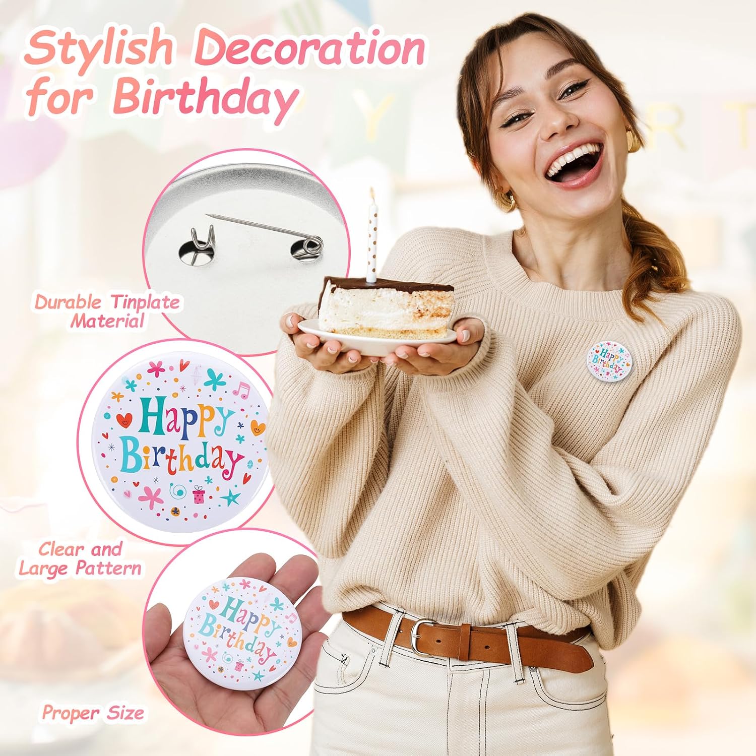 PATIKIL Birthday Badge Pin, 58mm Tinplate Cute Birthday Button Pin for Party Decoration Women Men Adult Girl Boy, Orange