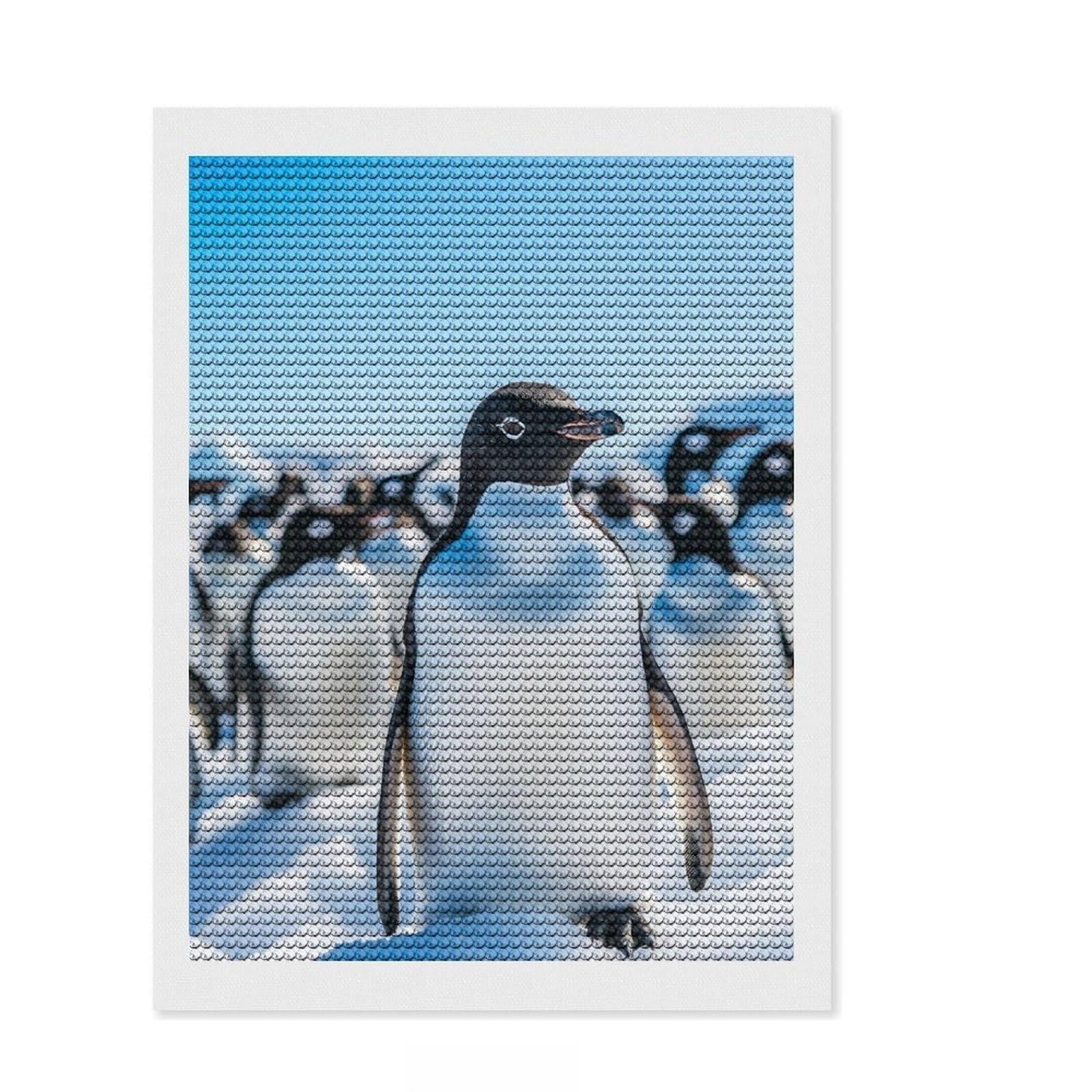 Junmoney Cute Penguines DIY Diamond Art Canvas Kit 12"x16", Fun Craft Experience, Good for Quiet Evenings, Cosy Home Accent, Gift Idea