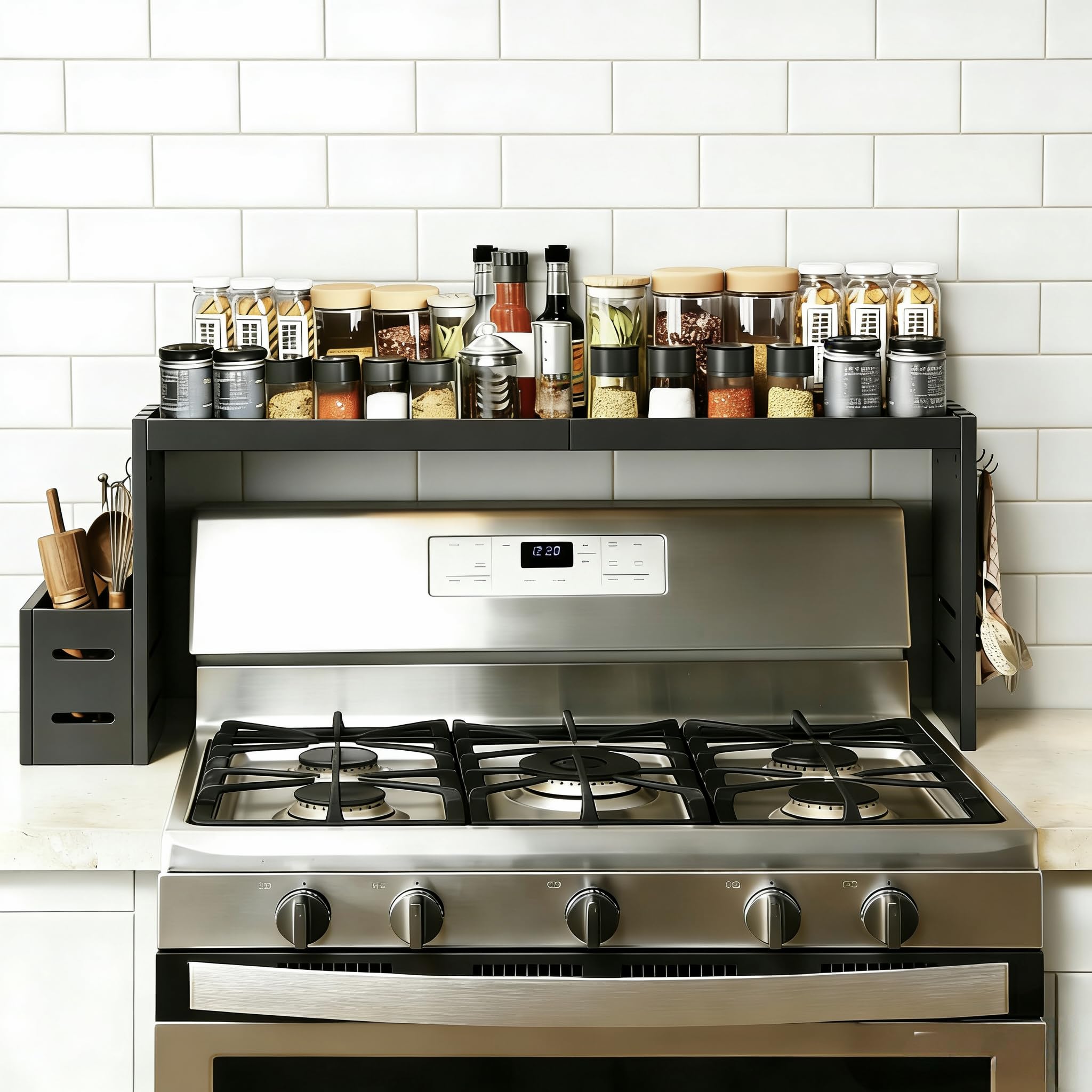 Bamboo Stove Top Spice Rack Organizer, Over The Stove Shelf 31 in Countertop Storage with Utensil Holder, 6 Hooks, Fit Stove, Kitchen Counter, Stove Top Shelf for Spice, Jar, Cooking Tool Black - 2