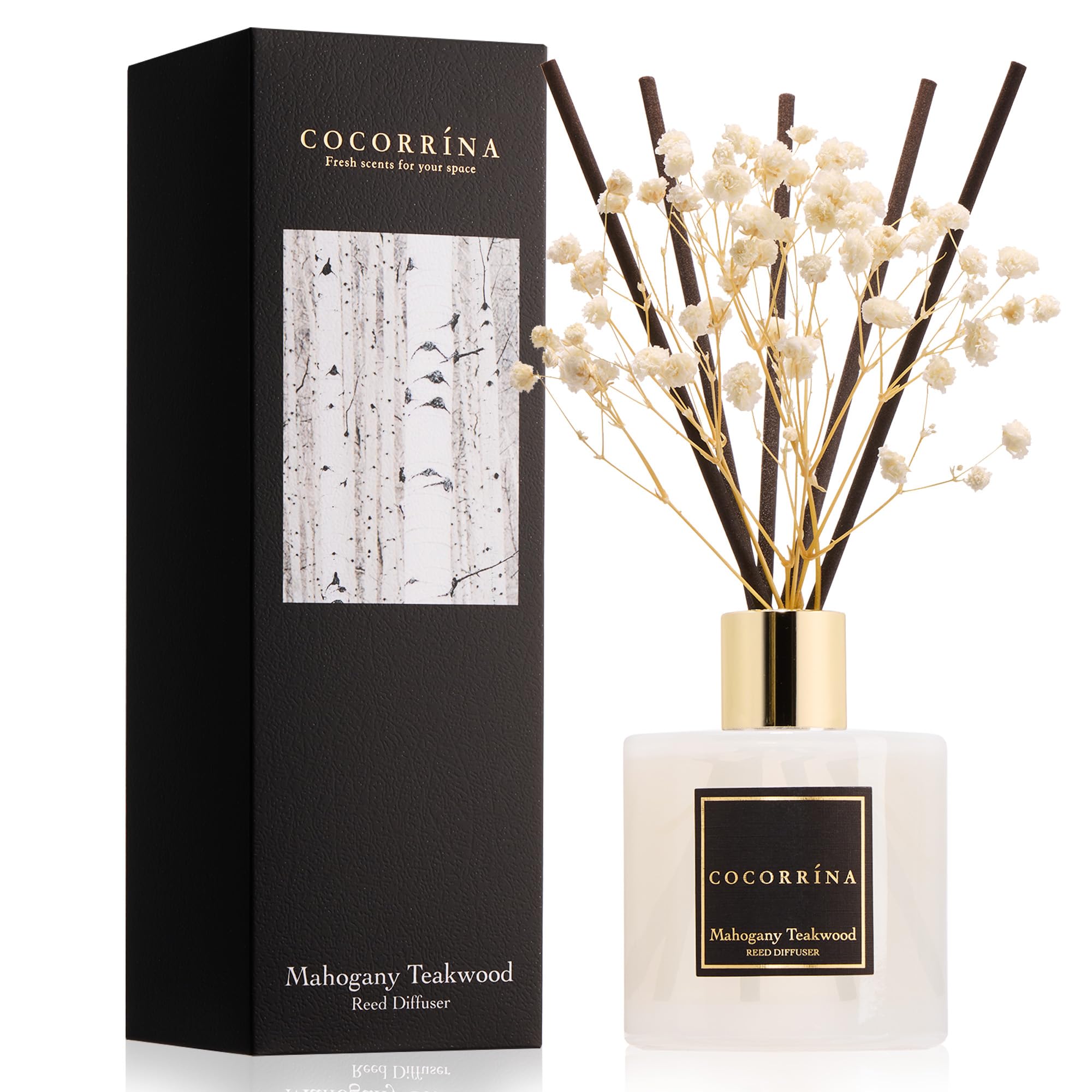 COCORRÍNA Reed Diffuser - Mahogany &amp; Teakwood 6.7 fl oz Scented Diffuser with 8 Sticks Home Fragrance Reed Diffuser for Bathroom Shelf Decor