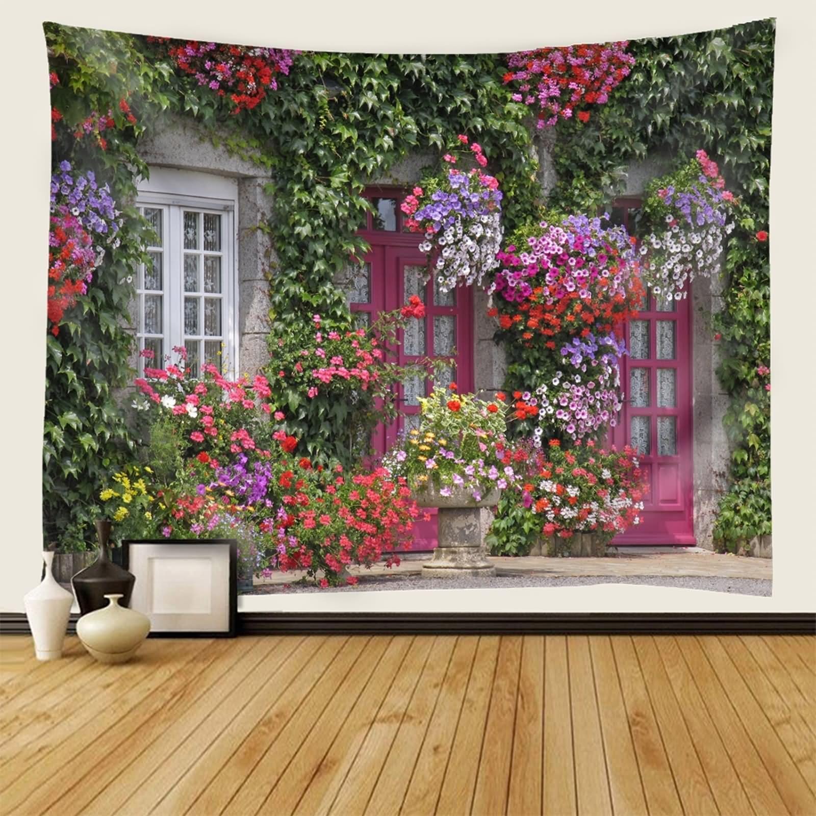 Gobelin ogrodowy, świąteczny gobelin na zewnątrz kwiaty i drzwi zielony różowy zachodni gobelin narzuta 240 x 221 cm