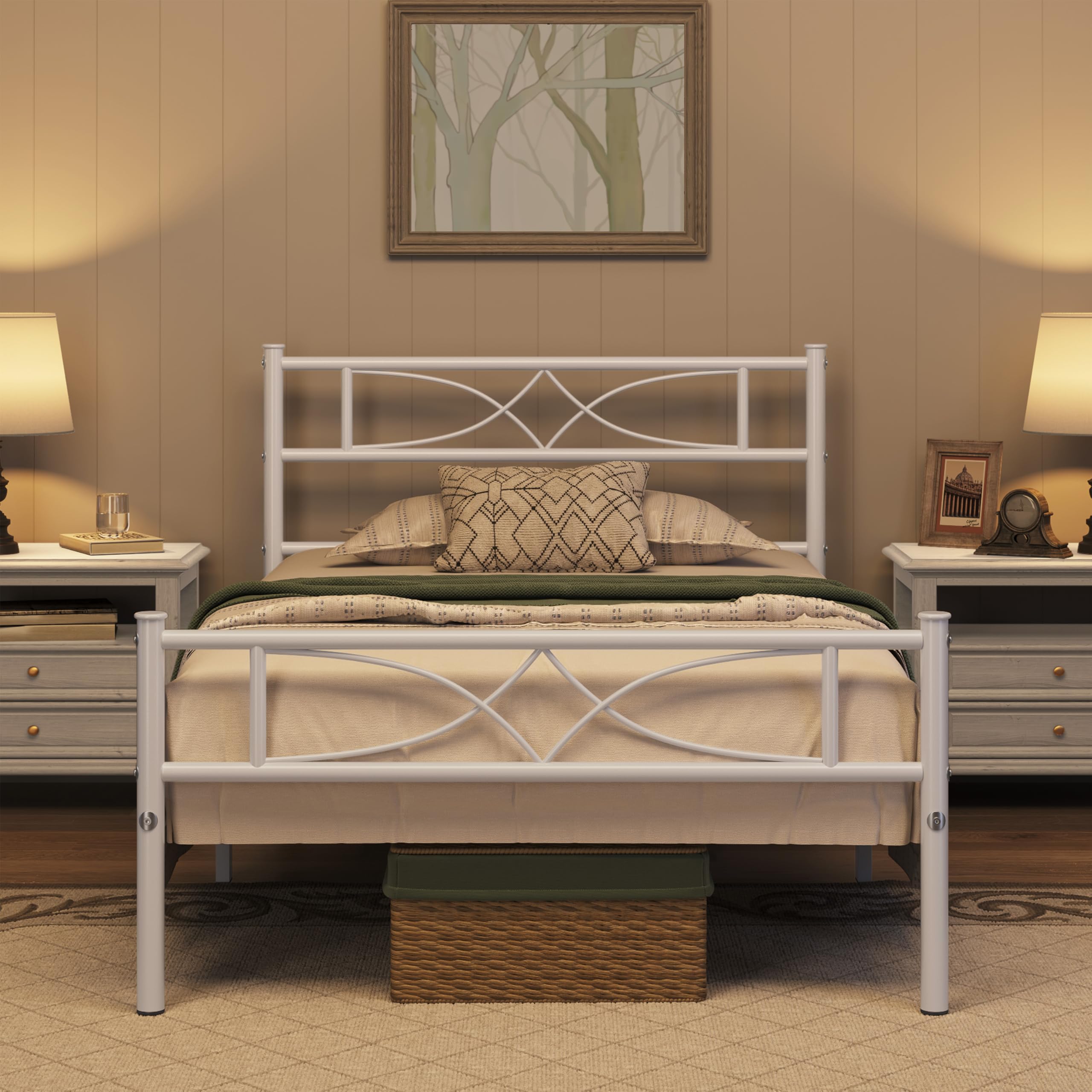 costoffs 3ft Single Metal Bed Frames with Curved Design Headboard and Footboard, 12 Built-in Steel Slats, No Box Spring Needed, White