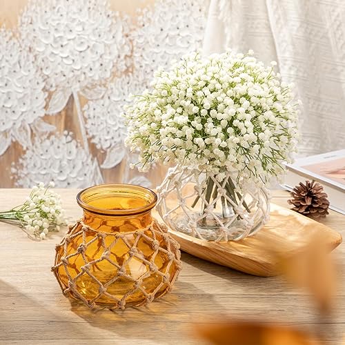 Miniatura 6 de Hollyone Jarrón de vidrio transparente con cubierta de cuerda de algodón, jarrón redondo de vidrio tejido, botella de flores decorativa, jarrón