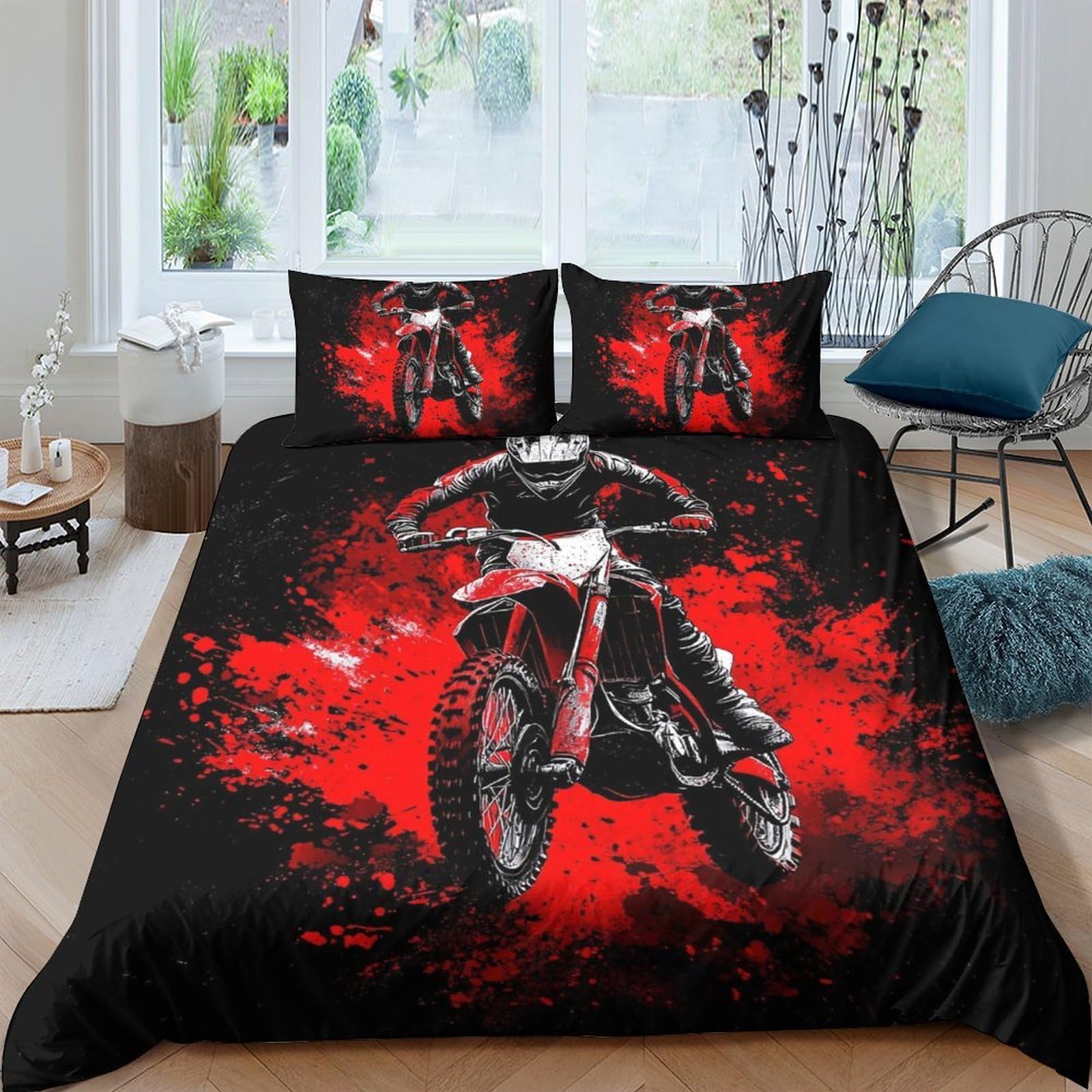 Ctjqhvkz Style-4 3D Printed Motocross Rider Fitted Sheet Microfiber Black Red Splash Bed Cover For Bedroom Dorm Room Mattress Protection Single（135X200cm）