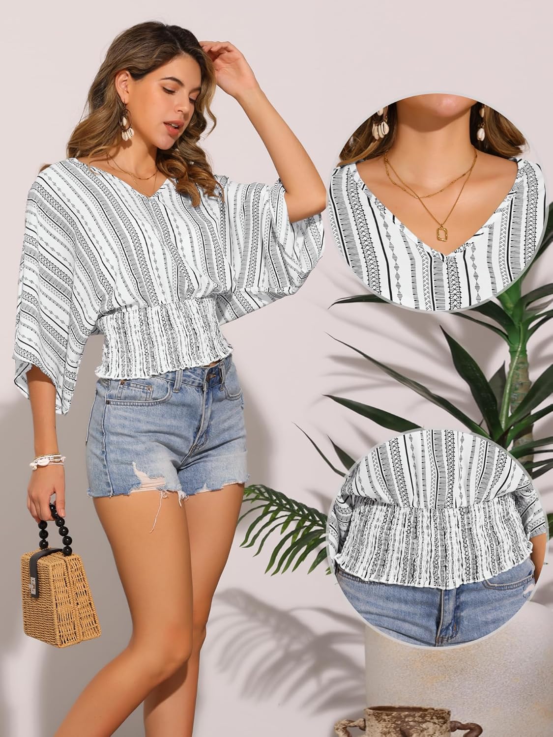 Allegra K Boho Tops for Women V Neck Print Chiffon Smocked Summer Batwing Dolman Sleeve Blouses - Image 2