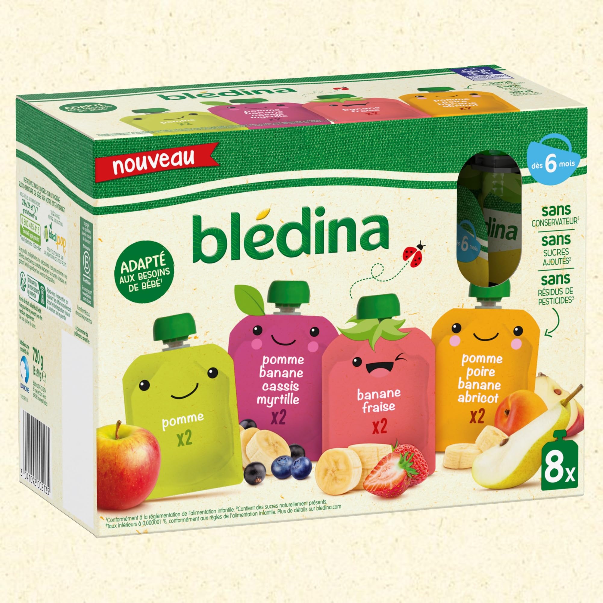 BLÉDINA - Gourdes de Purées de Fruits Bébé - Pomme, Poire, Banane, Abricot, Fraise, Cassis, Myrtille - dès 6 Mois - 32 x 90 g