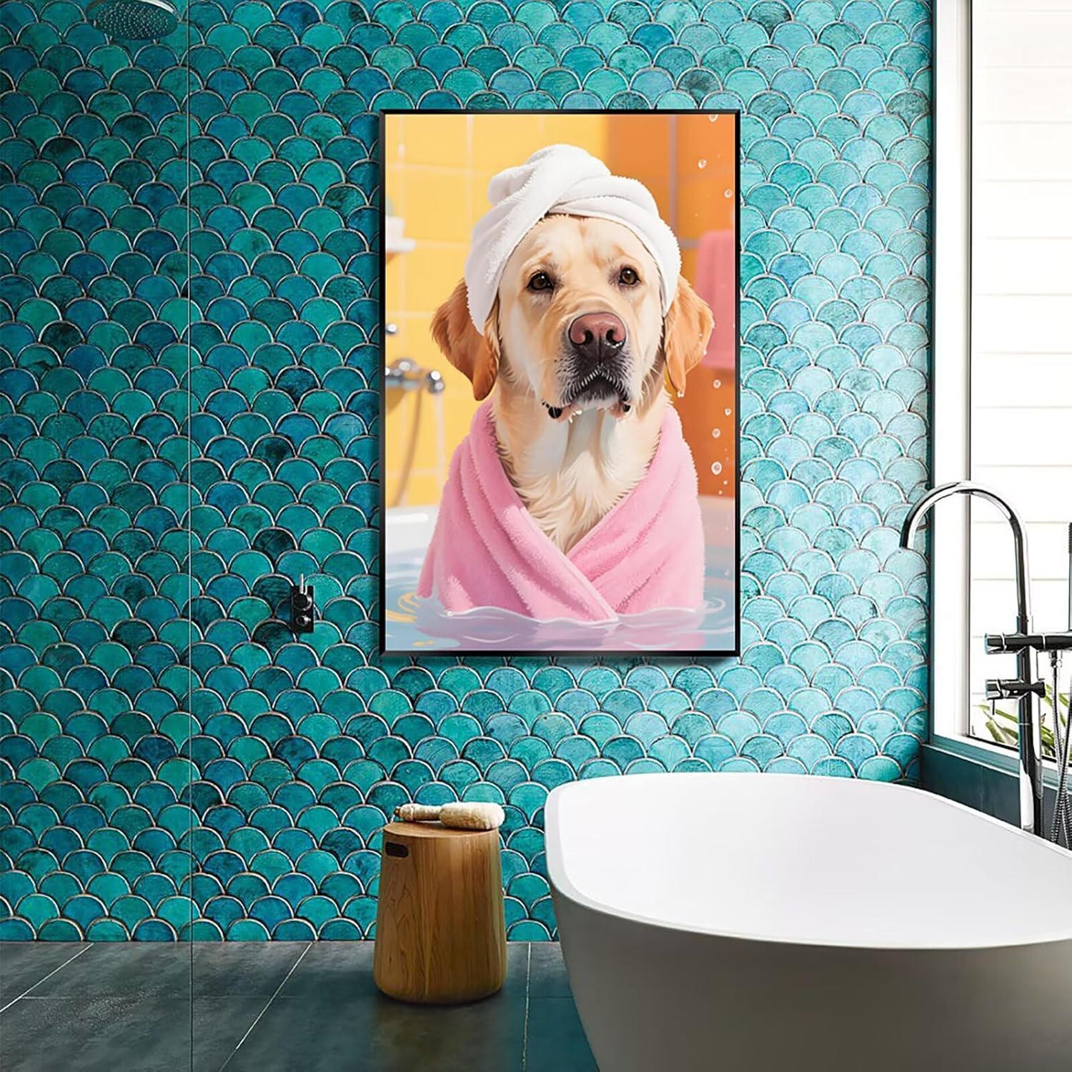Labrador Bath Wall Art Cute Playful Pet Dog Portrait Canvas Prints Modern Whimsical Bathroom Poster Painting Funny Trendy Animal Aesthetic Picture Decor for Bathroom Bedroom 12x16inch Black Framed