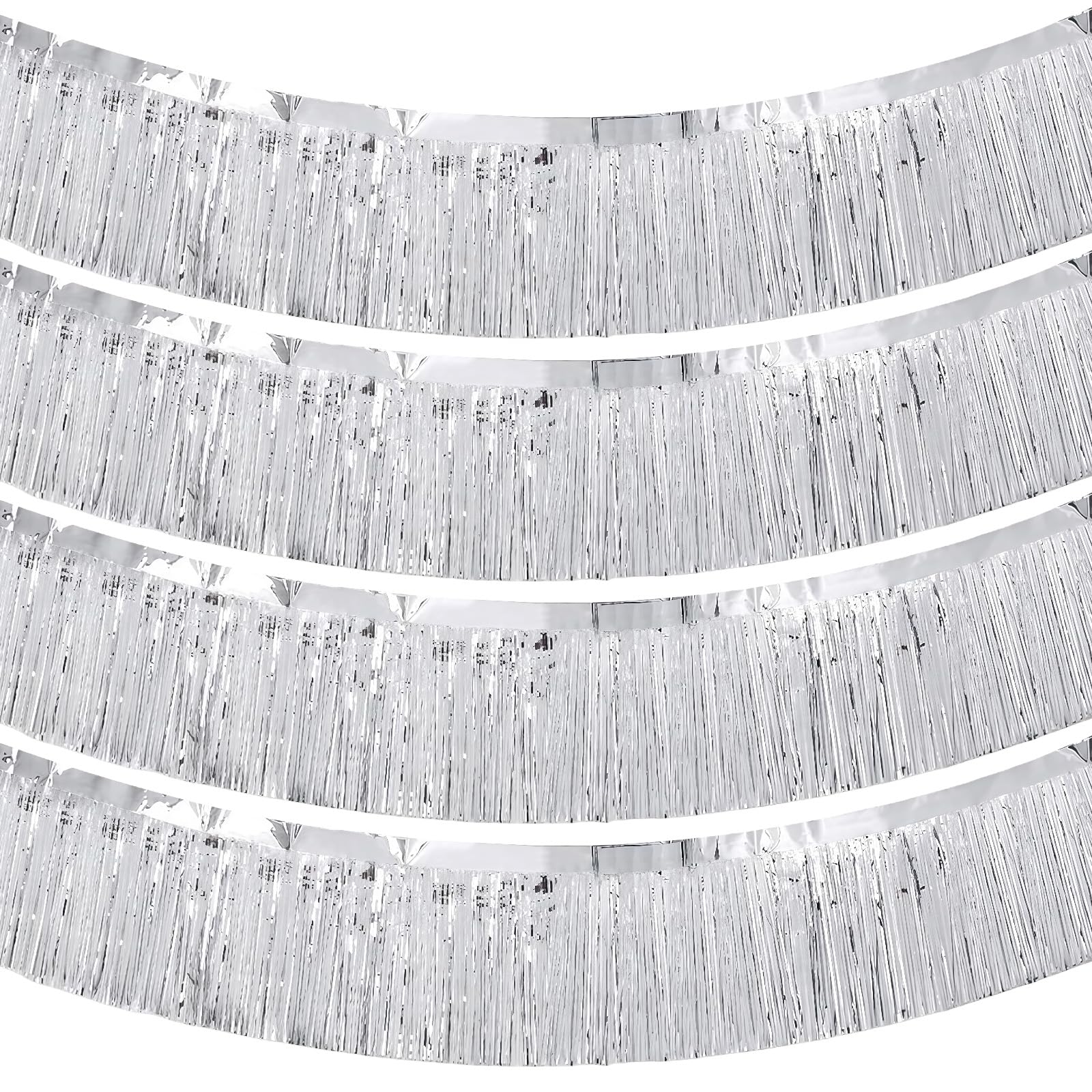4Pcs 10ft Foil Curtain Fringe Tinsel Garland Tassels Metallic Sparkly Tinsel Fringing Wall Hanging Foil Fringe Garland Banners Party Backdrop Streamers for Car Parade Floats Wedding Birthday Silver