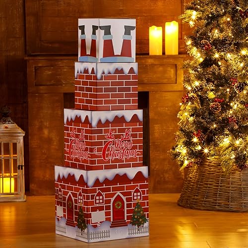 Miniatura 5 de Teling Caja de regalo de Navidad de 4 piezas, cajas de regalo apilables de Navidad, caja de regalo apilable para chimenea grande, Papá Noel,