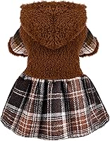 Vista 13 de Vestido de invierno para perro, lindo suéter de forro polar cálido con capucha para perros pequeños, vestidos de cachorro a cuadros rosados, ropa