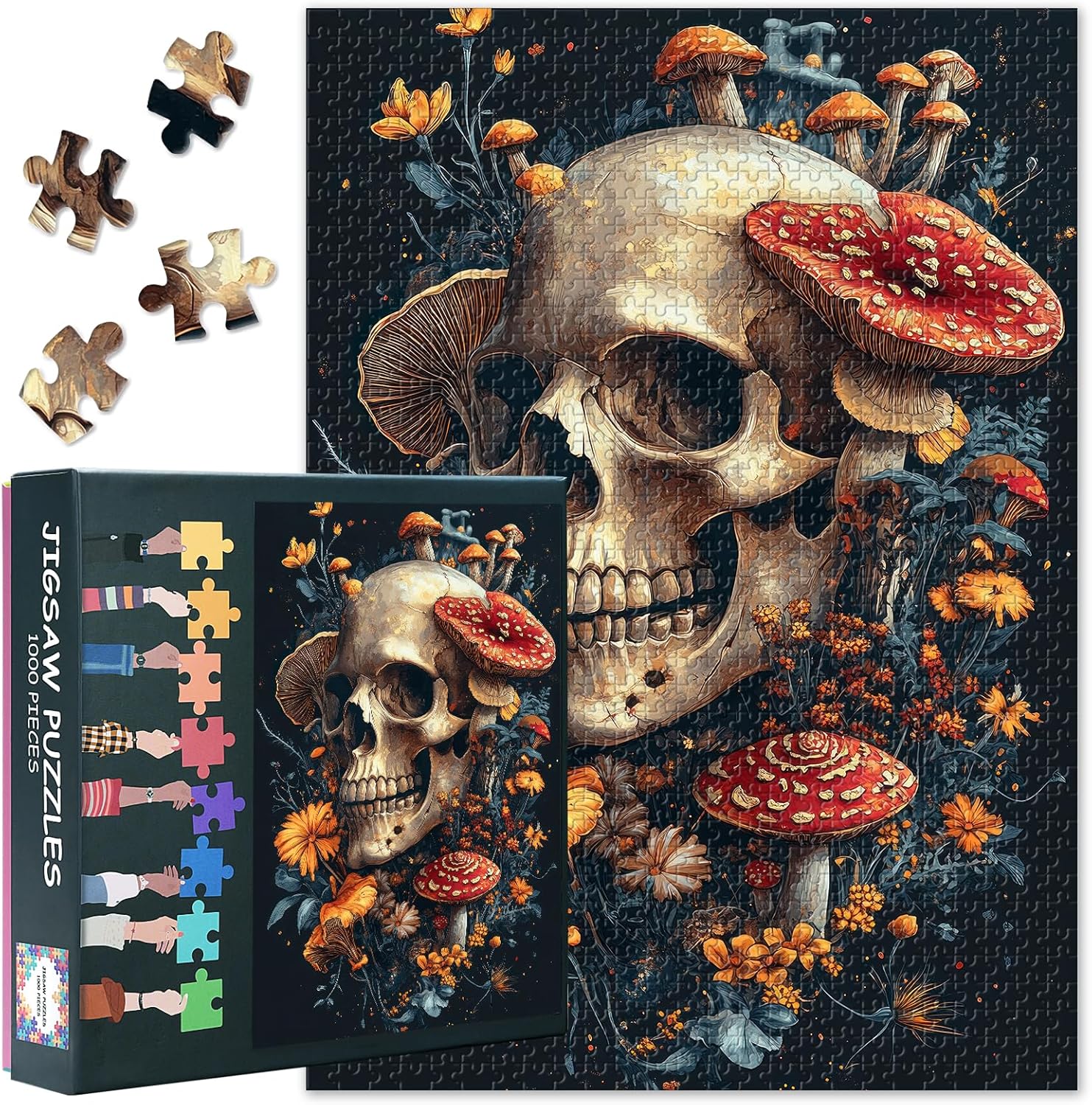 Skull Puzzles for Adults, Flowers Mushroomsjigsaw Puzzles 1000 Pieces for Adults, Autumnal Art Difficult and Challenge Puzzle Game for Living Room Wall Decor, Fun to Assemble Activity (50.5x70.5cm)