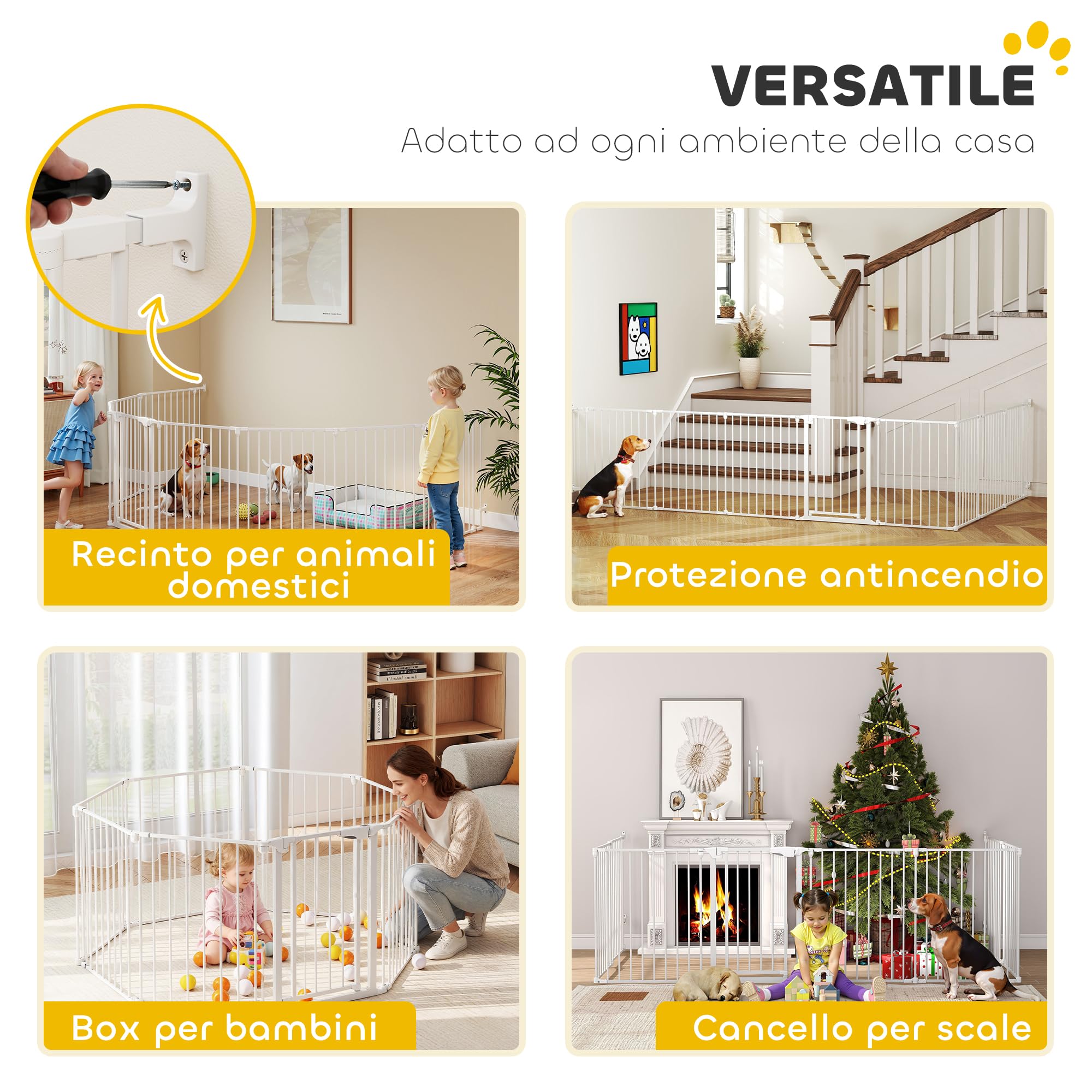 PawHut Recinto per Cani, Cancelletto Sicurezza per Bambini 488cm, Bianco