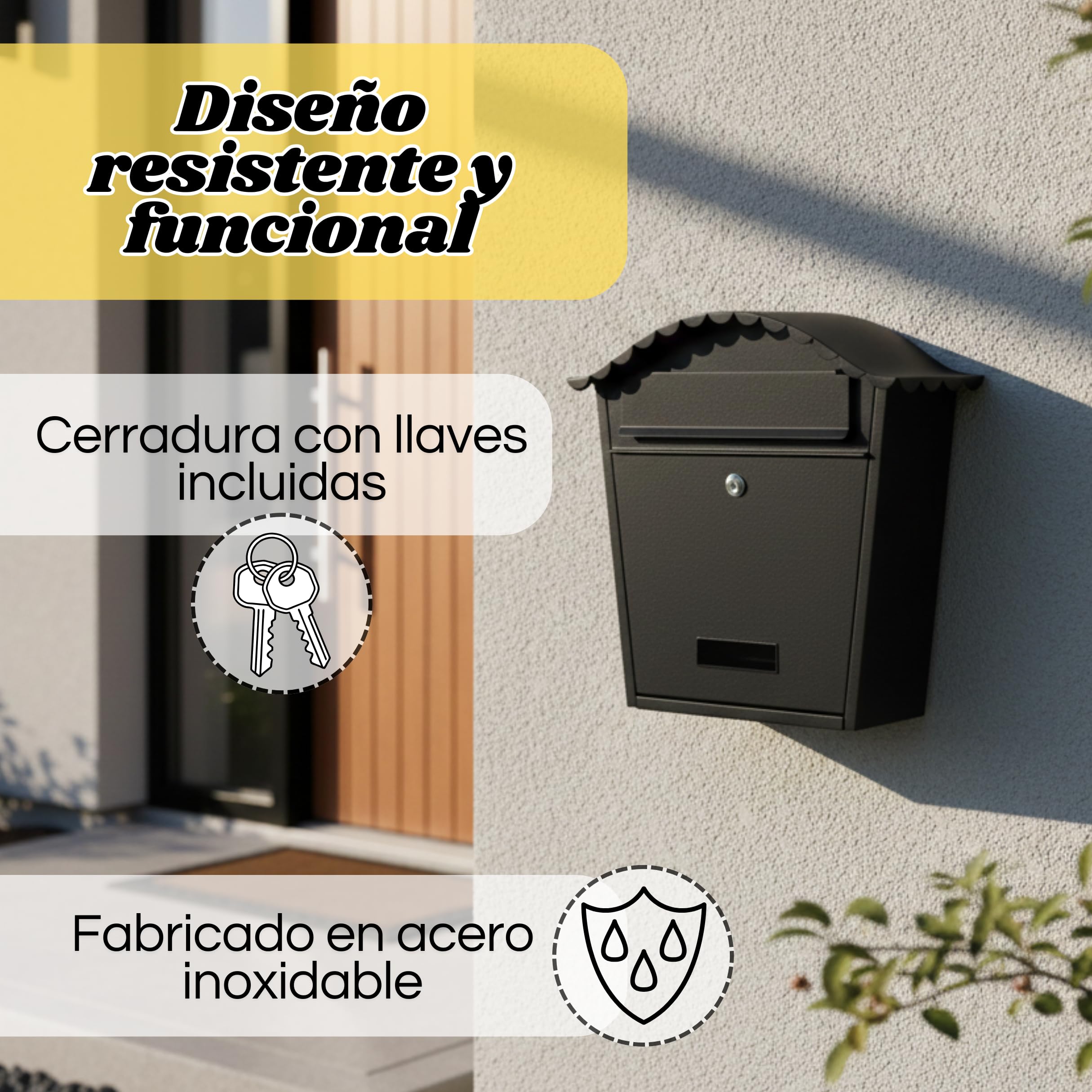 WEIDA Buzón Exterior de Acero INOX Individual | Buzones de Correos Exterior Resistentes, Elegantes, Antilluvia, Tamaño M 36,5x37x13,5 cm | Buzón de Correos Seguro, Cerradura Frontal con Llave (Negro)