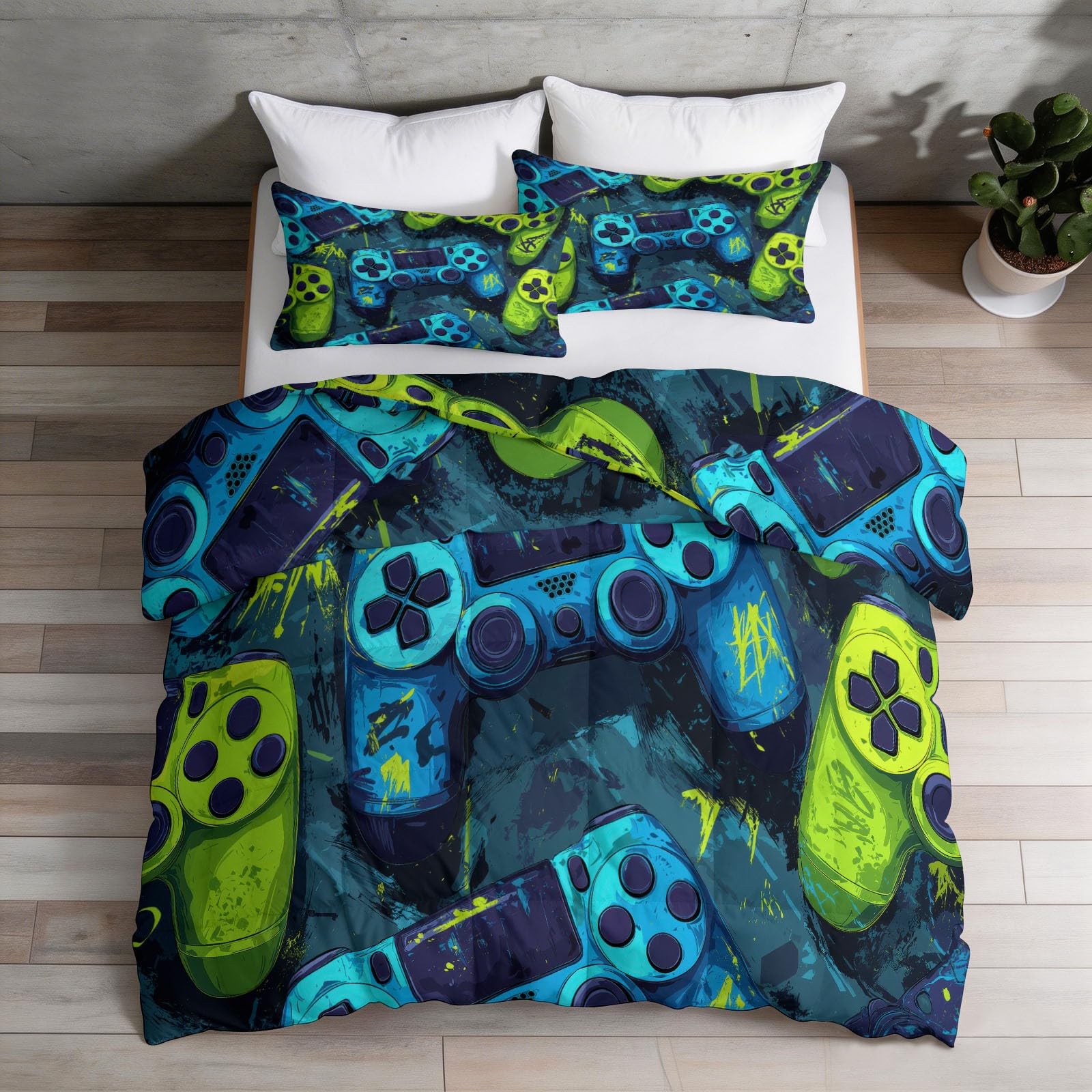 Gamecontroller Graffiti Bettdecke 135x200 cm 4 Jahreszeiten, Leichte Warm & Waschbare Ganzjahresdecke ohne Bezug, Abstrakt Wende Weiche Atmungsaktive Steppdecke mit 2 Kissenbezug, Blau