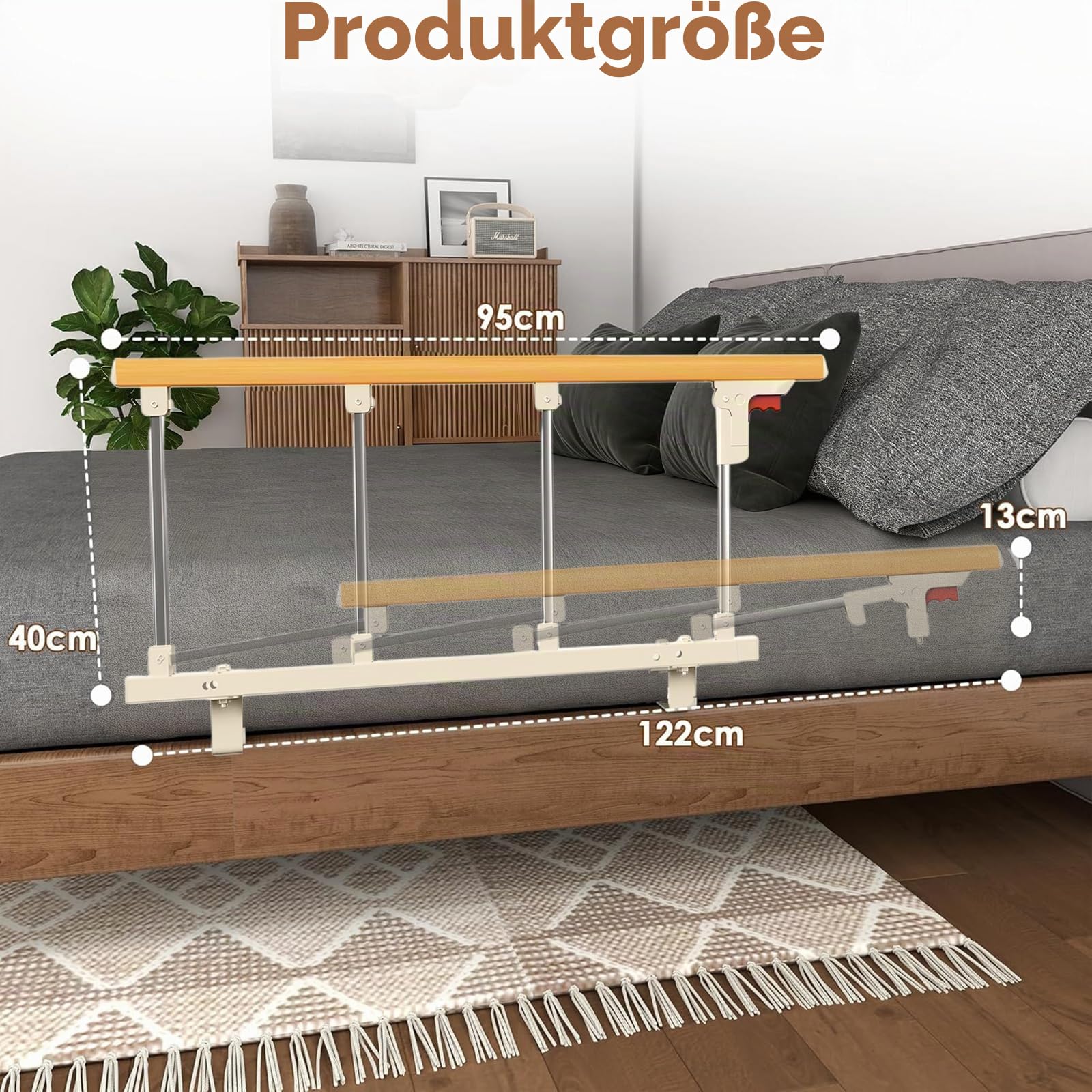 Zusammenklappbares Bettgitter, Rausfallschutz für Senioren Kinder | Einknopf-Faltmechanismus, stabiler Aluminiumrahmen, rutschfester Holzgriff. Schützt vor Herausfallen aus dem Bett.