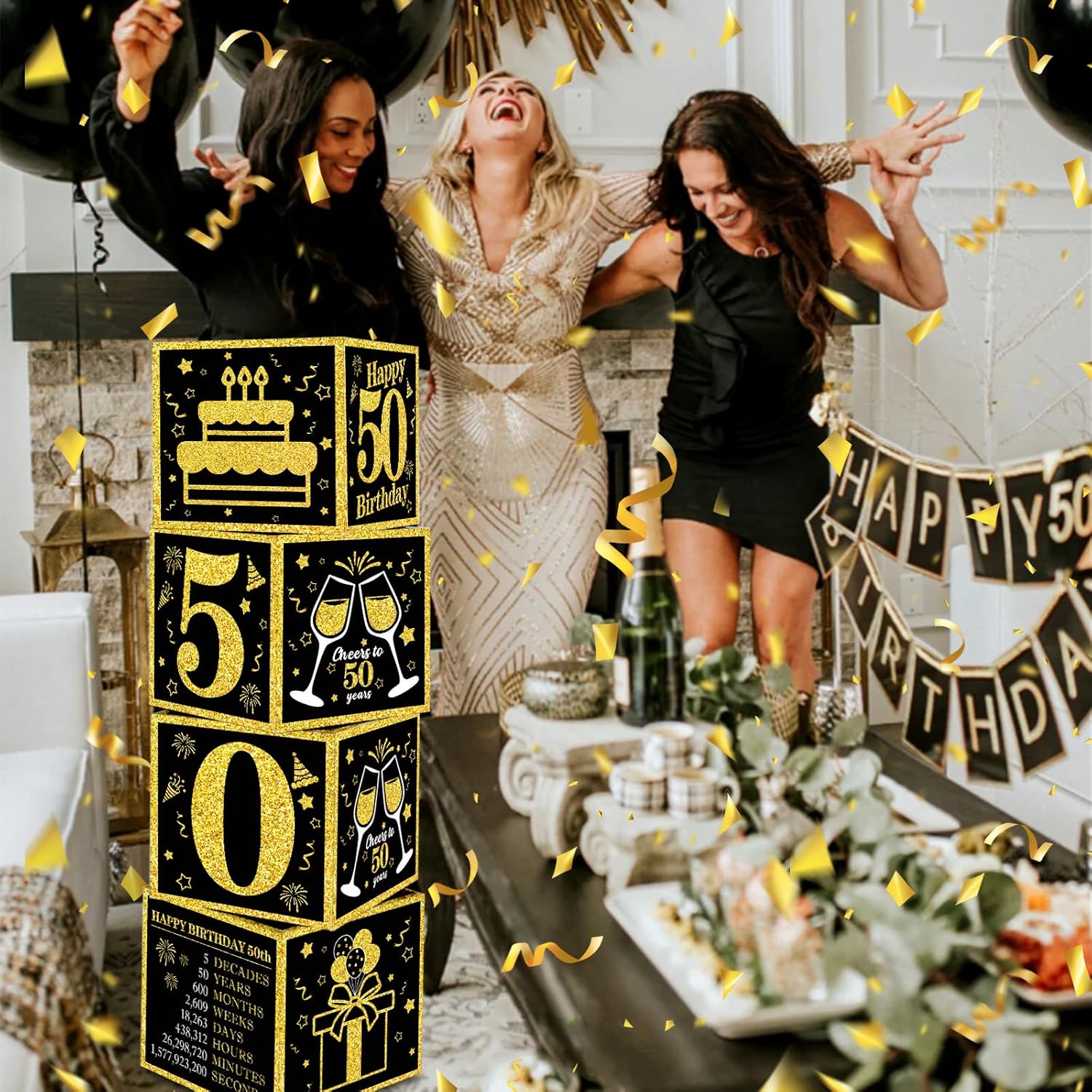 TONIFUL 4 Pcs 50th Birthday Decorations Boxes for Men Women,Fifty Years Old Birthday Cardboard Box Party Supplies,Black and Gold 50th Birthday Party Decorations - Image 4
