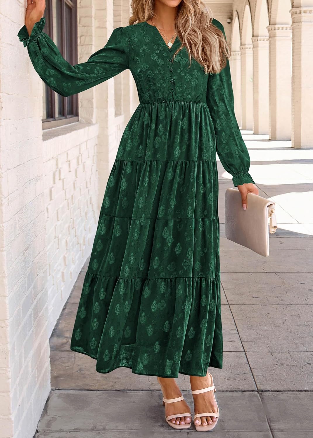 KIRUNDO Spring Wedding Guest Dresses for Women 2026 Maxi Floral Long Sleeve Elegant Ruffle Tiered Flowy Party Long Dress - Image 3